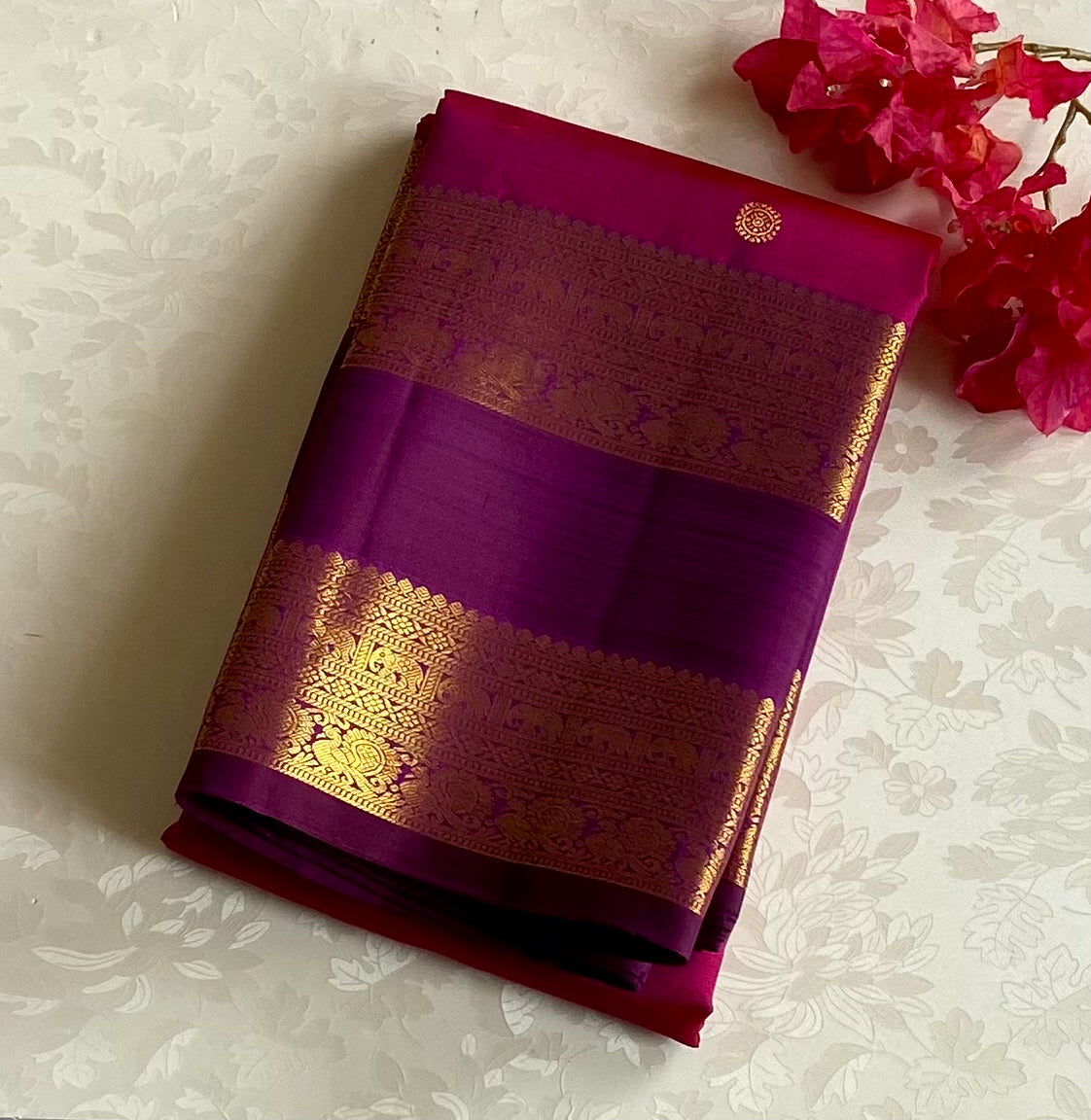 Magenta Plum Silk Saree Gold Brocade Floral Buta Woven Border