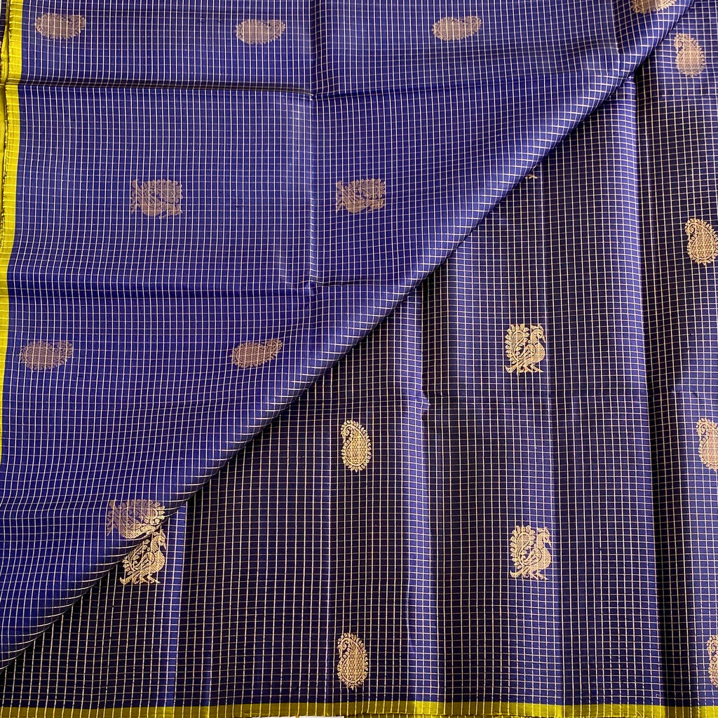Midnight Navy Designer Micro Checkered Pure Silk Saree With Metallic Gold Motifs