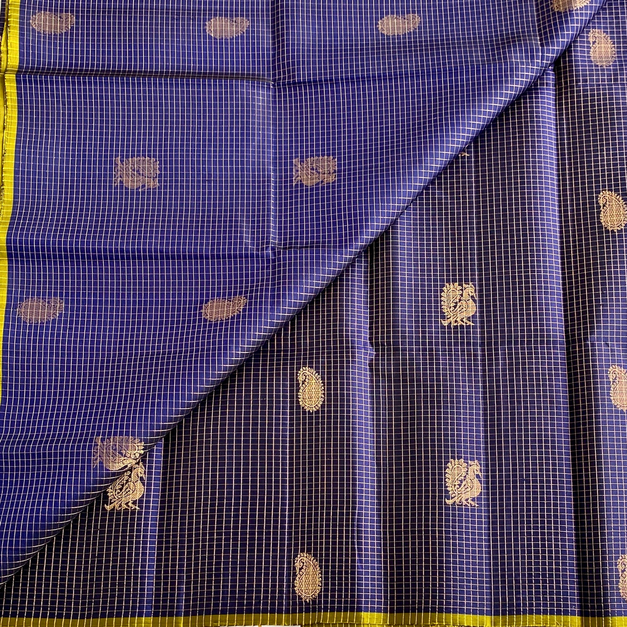 Midnight Navy Designer Micro Checkered Pure Silk Saree With Metallic Gold Motifs