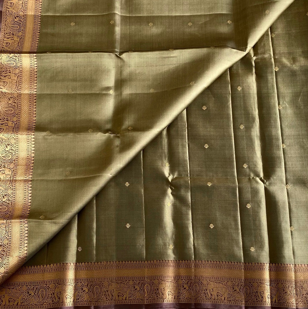 Sage Green Designer Pure Silk Saree With Metallic Brown Pallu