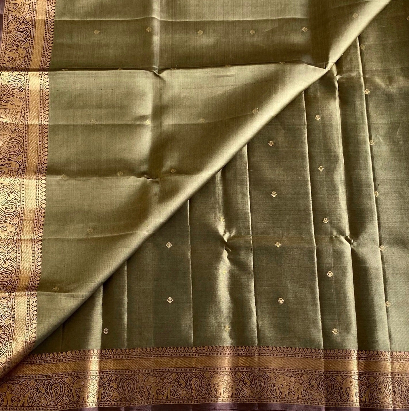 Sage Green Designer Pure Silk Saree With Metallic Brown Pallu