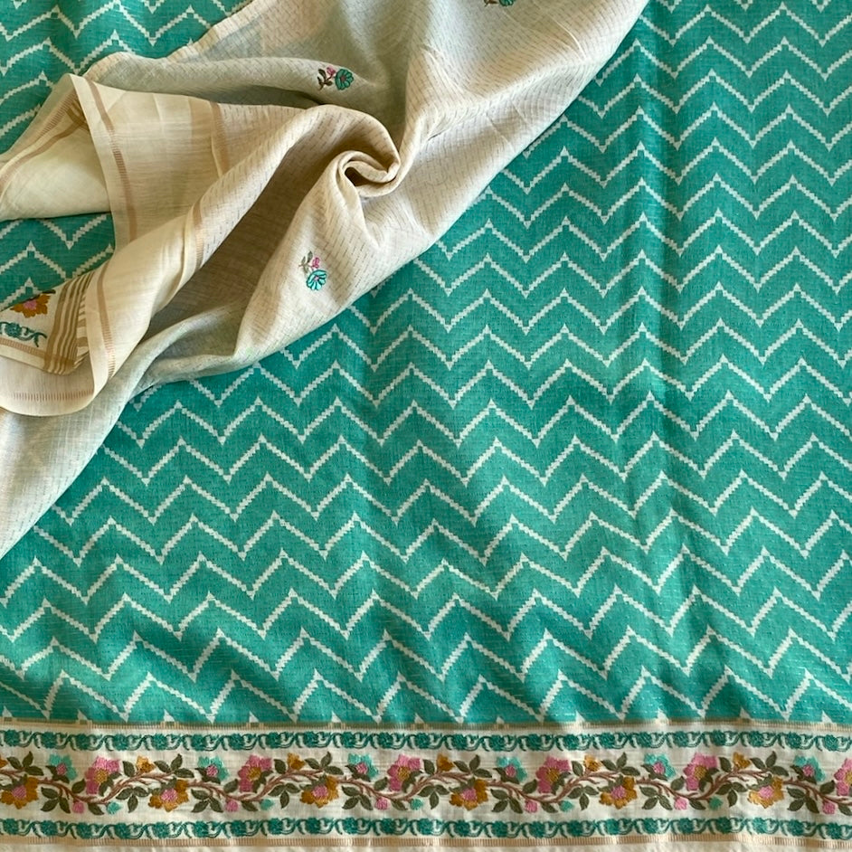 Turquoise Soft Tussar Silk Saree With Cream Floral Border