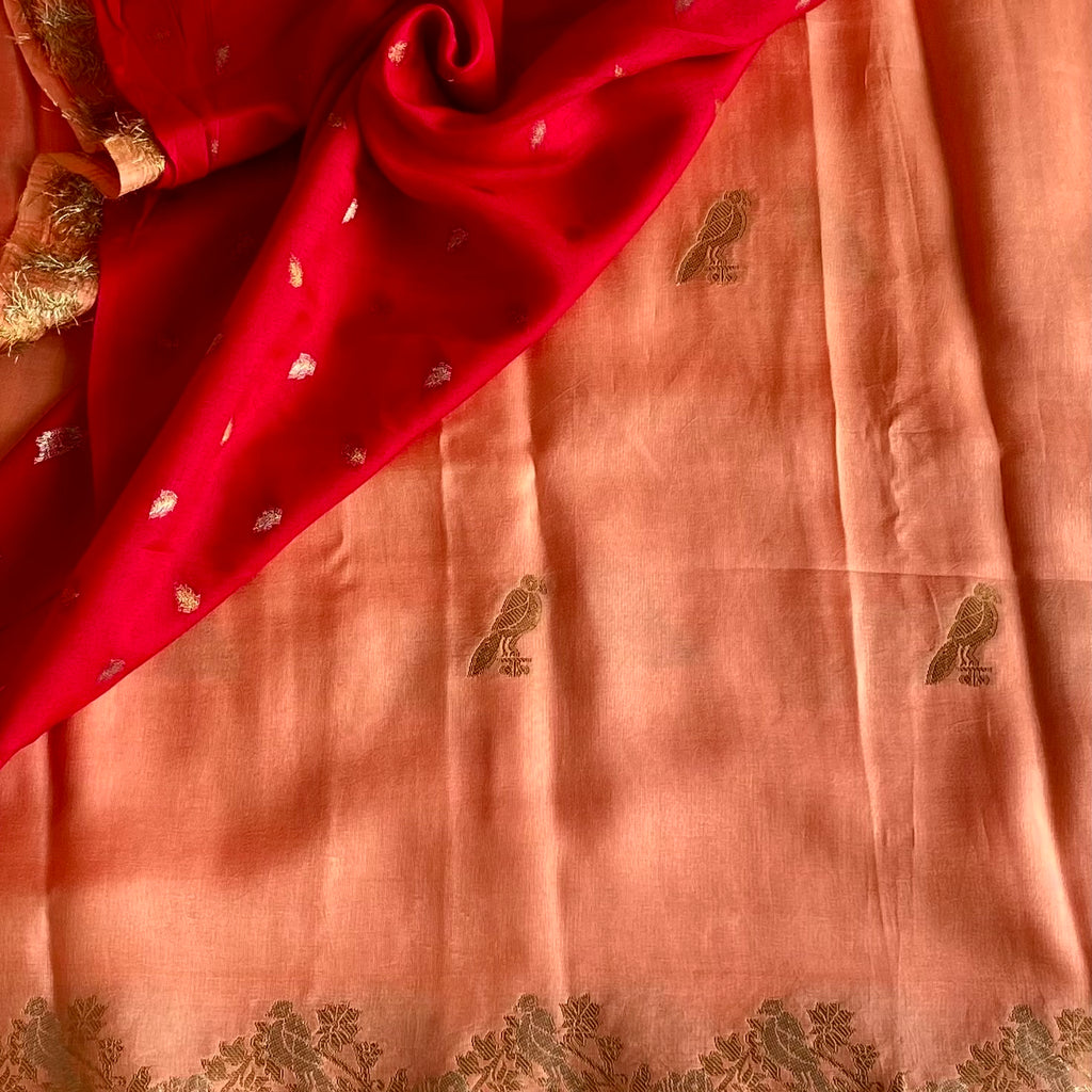 Salmon Pink Saree Gold Bird Motifs Floral Zari Border
