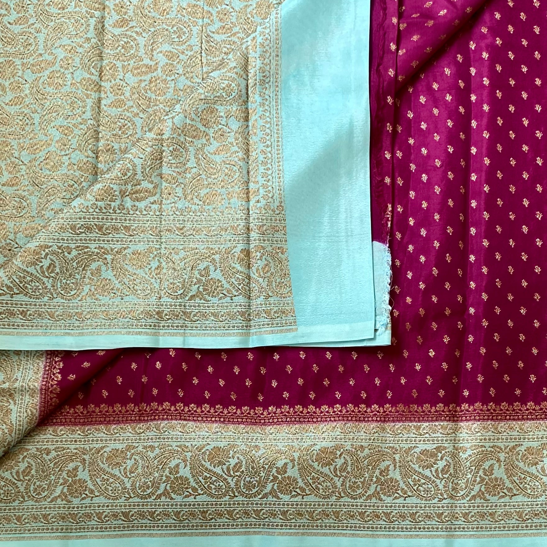 Turquoise Magenta Banarasi Brocade Silk Saree With Gold Zari Border