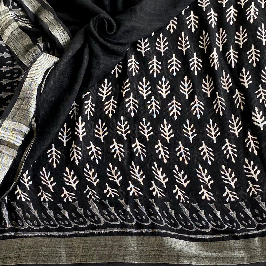 Jet Black With Silver - Block Printed Soft Linen Elegance
