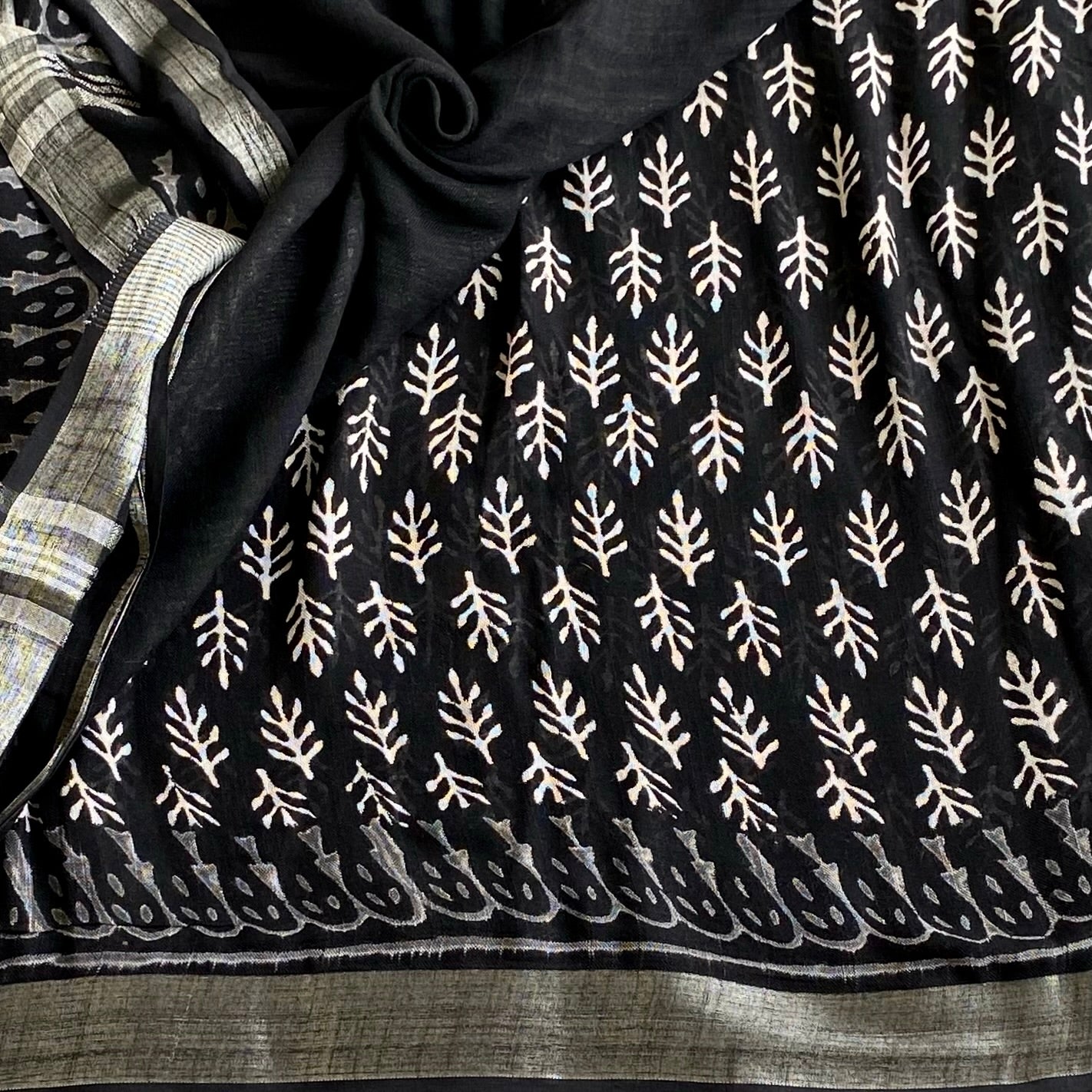 Jet Black With Silver - Block Printed Soft Linen Elegance