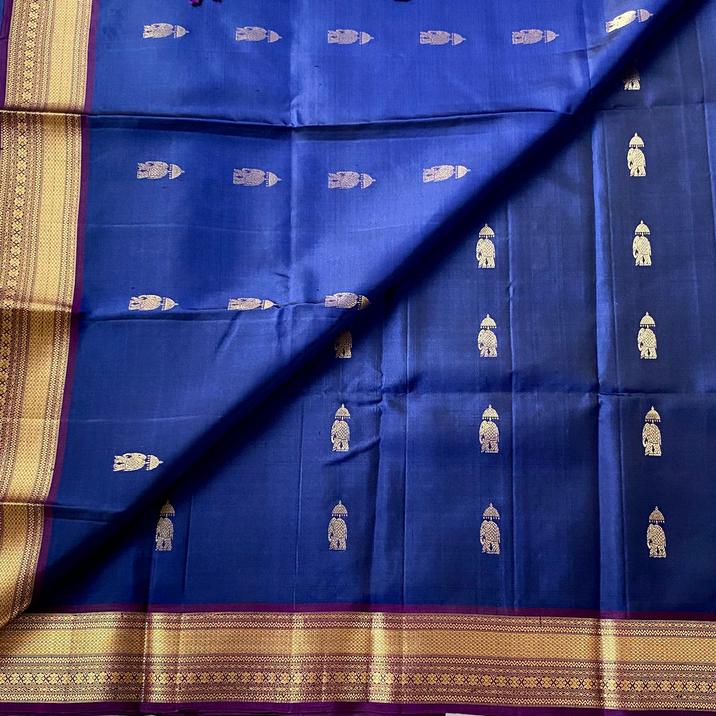 Royal Blue Magenta Silk Saree Gold Zari Elephant Diamond Pallu
