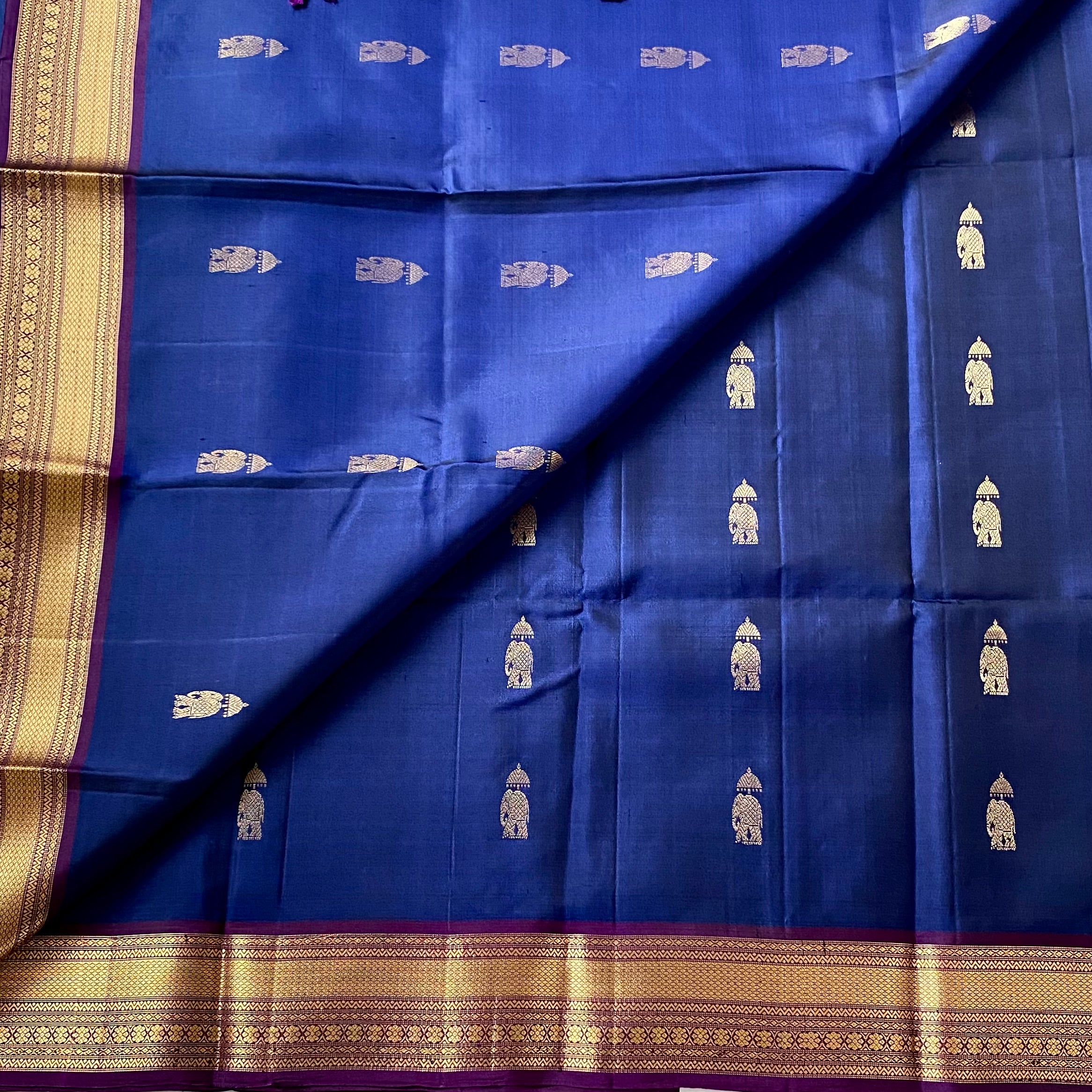 Royal Blue Magenta Silk Saree Gold Zari Elephant Diamond Pallu