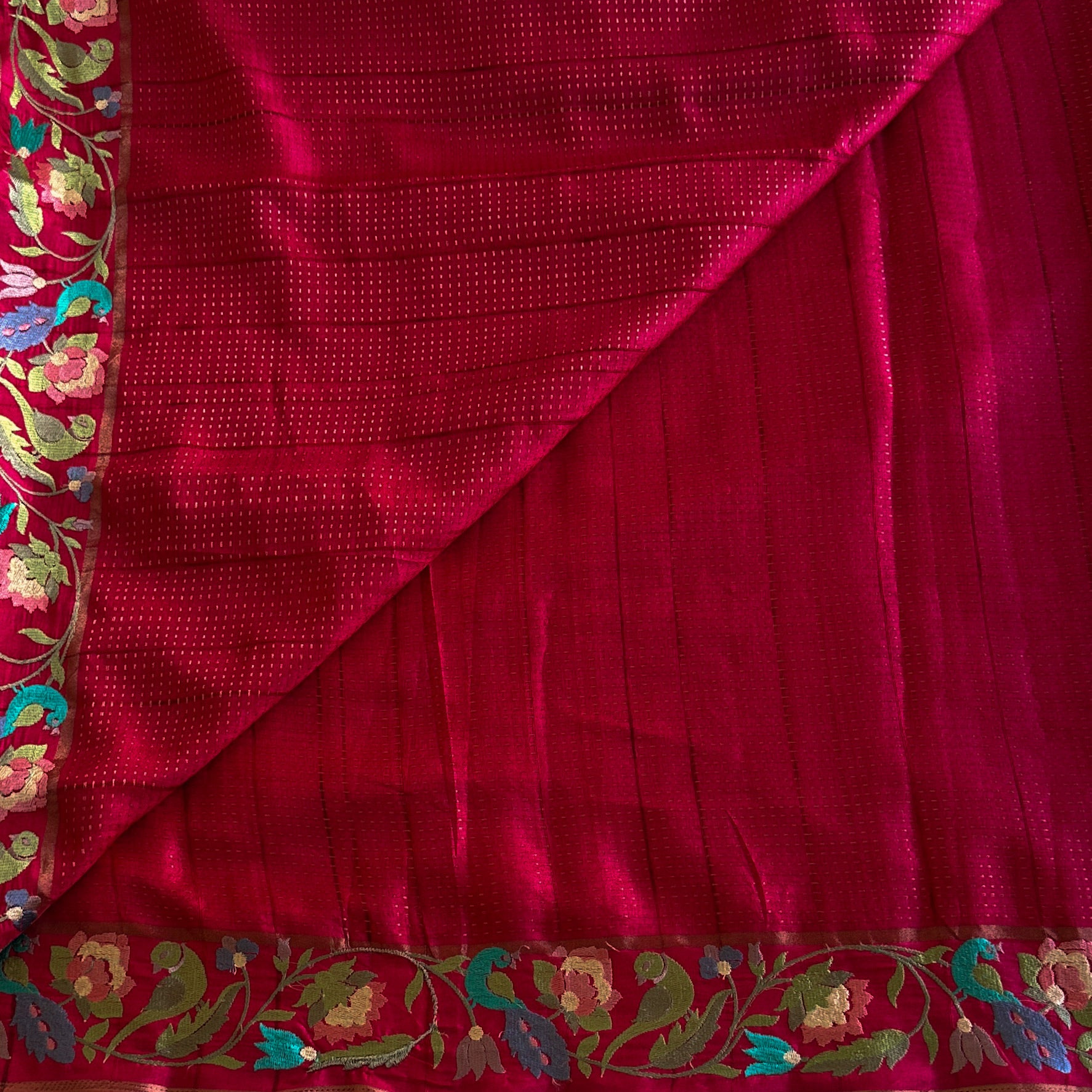 Deep Magenta Silk Saree Gold Zari Floral Embroidered Border Traditional