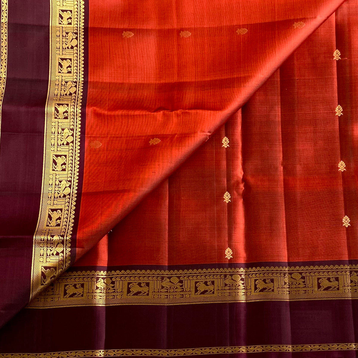 Burnt Orange Designer Pure Silk Saree With Deep Purple Paisley Pallu