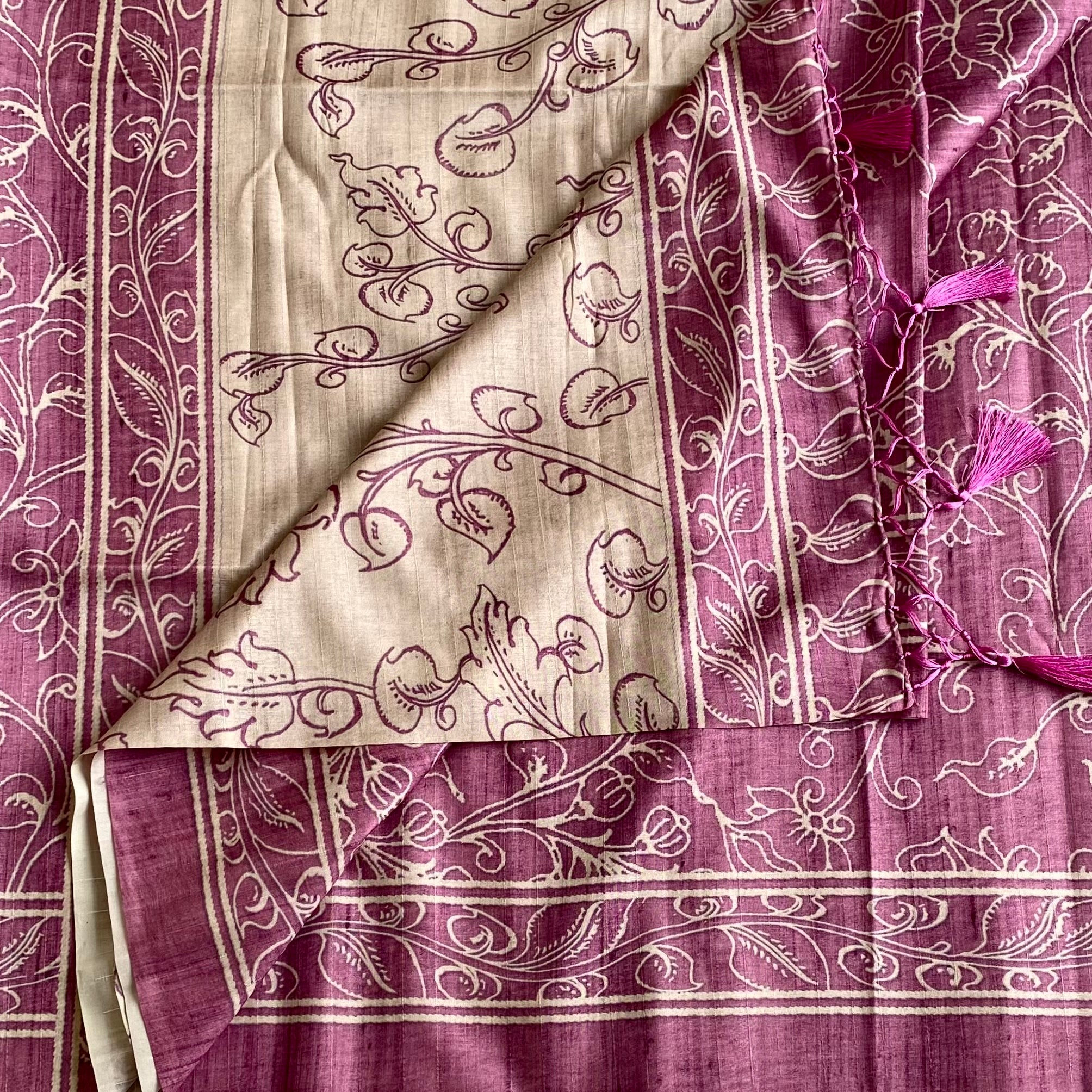 Plum Soft Tussar Silk Saree With Ivory Floral Border And Tassels