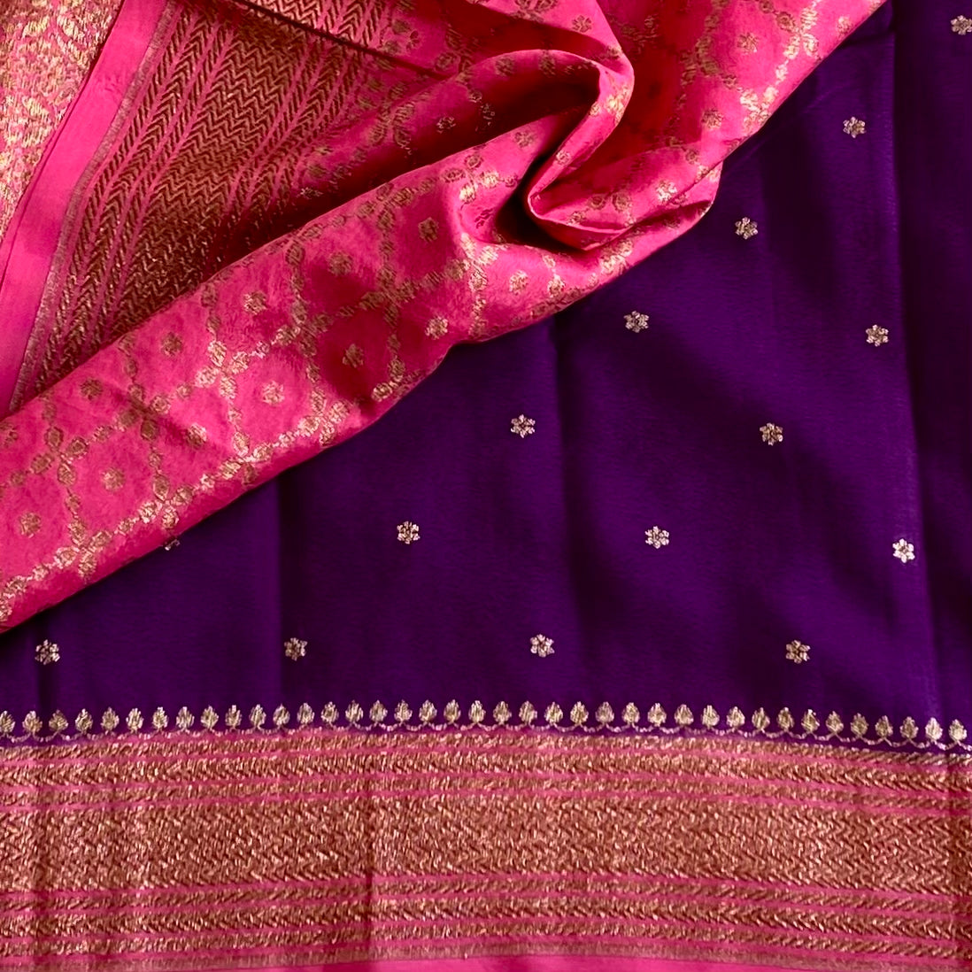 Royal Purple Banarasi Crepe Silk Saree With Rani Pink Pallu
