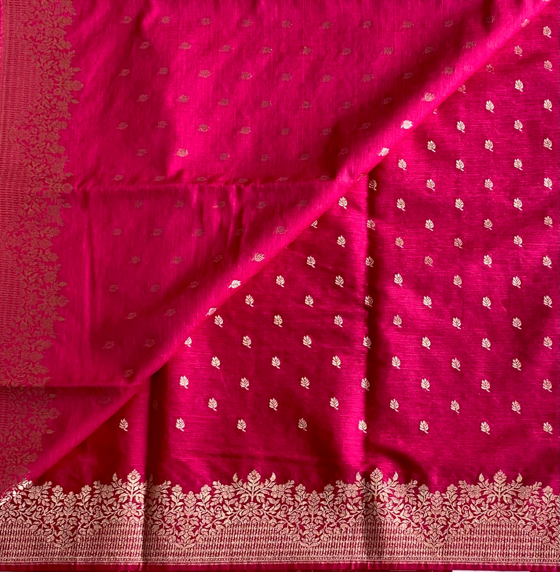 Fuchsia Silk Saree With Gold Brocade Border And Tassel Pallu