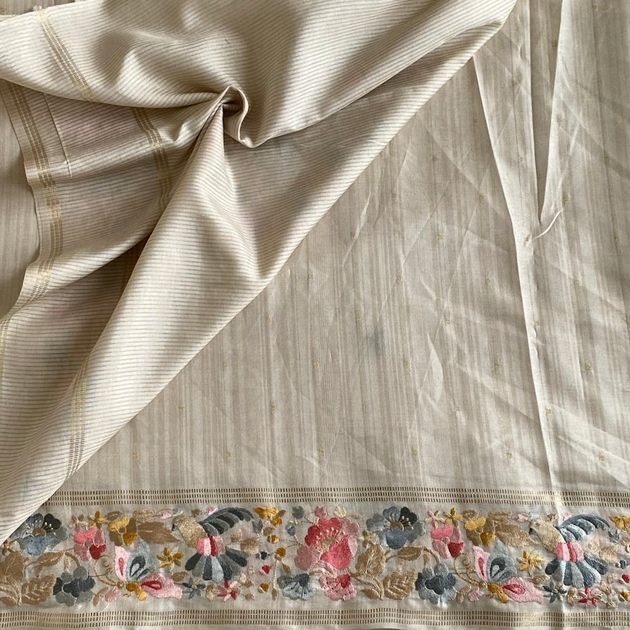 Pearl White Soft Tussar Silk Saree With Dusty Pink Floral Border