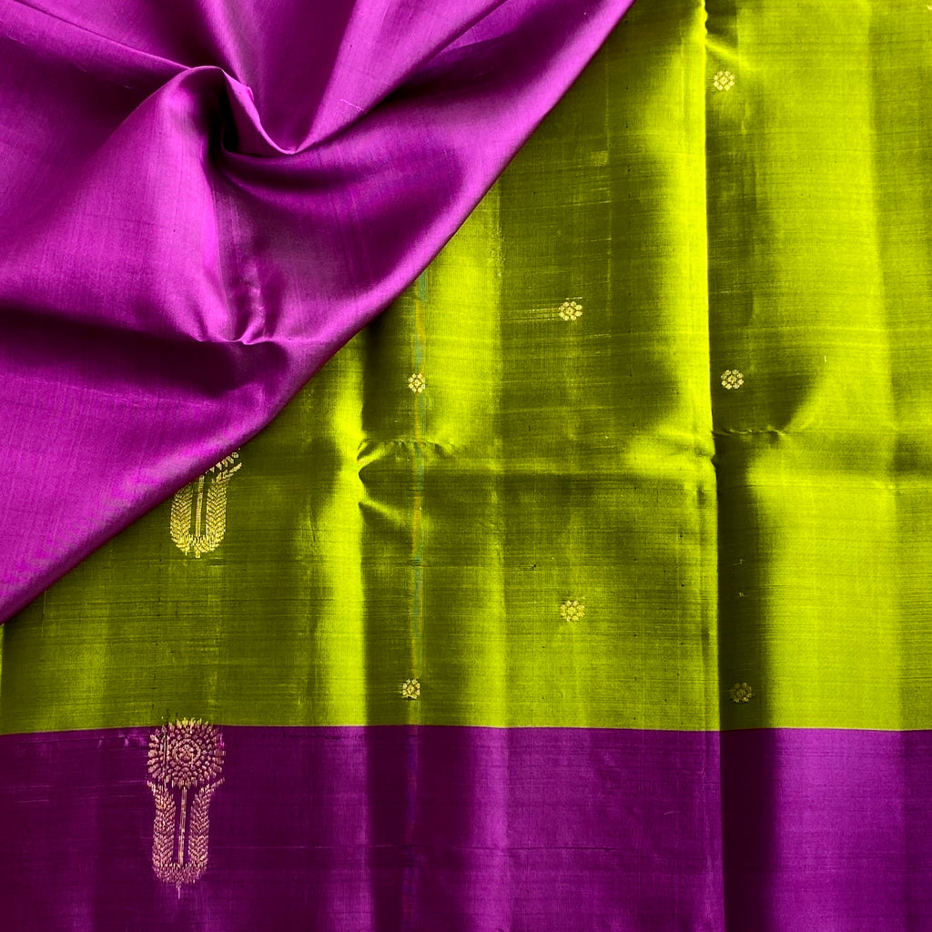 Chartreuse Green Designer Pure Silk Saree With Rich Magenta Pallu