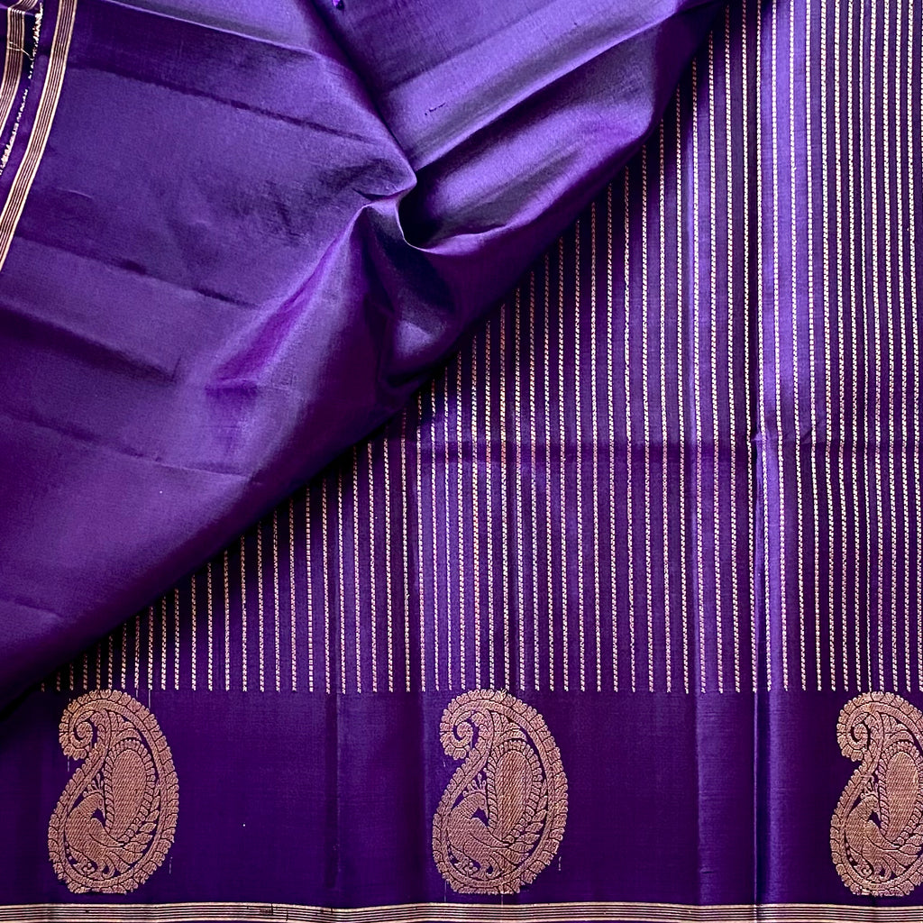 Royal Purple Silk Saree Antique Gold Brocade Paisley Lattice