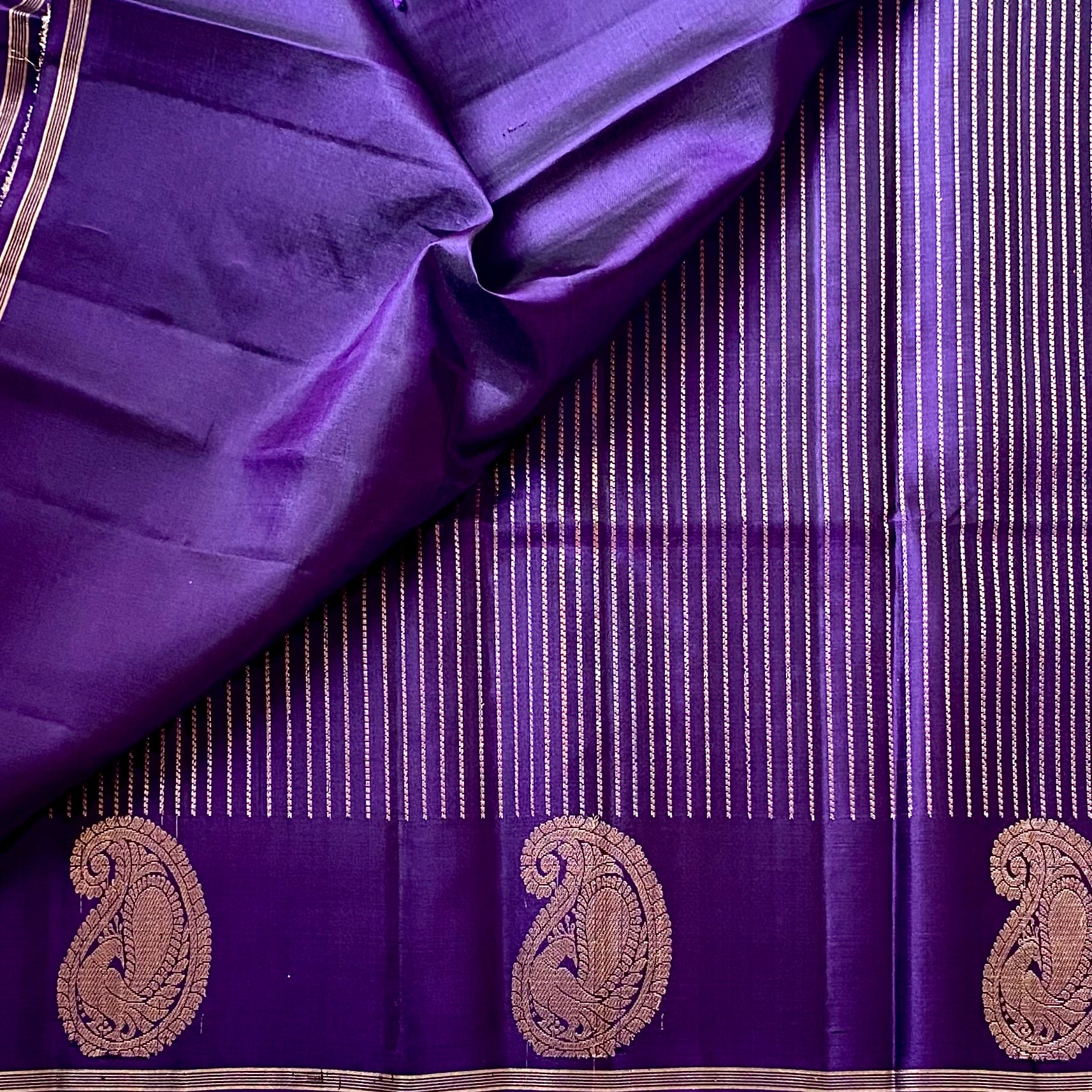 Royal Purple Silk Saree Antique Gold Brocade Paisley Lattice