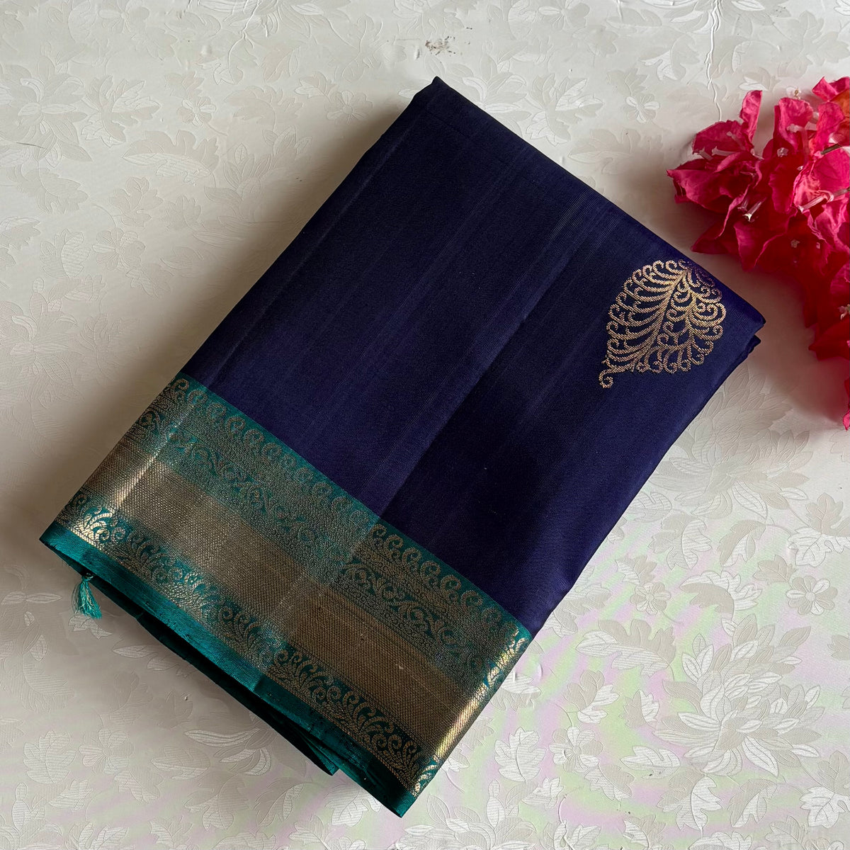 Midnight Blue Designer Pure Silk Saree With Turquoise Blue Pallu And Gold Zari