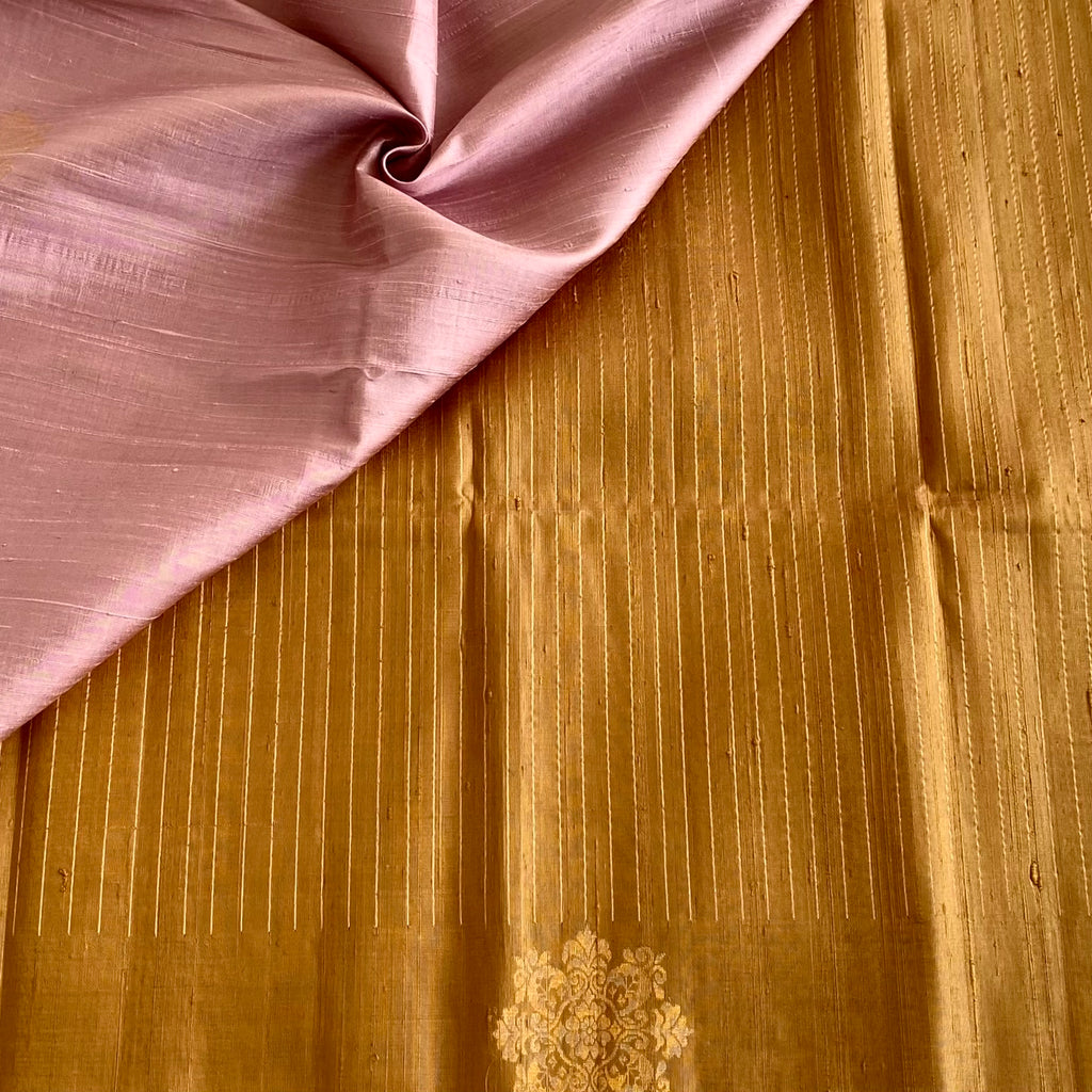 Classy Honey Gold Handwoven Pure Raw silk With Contrast Dusty Pink Blouse