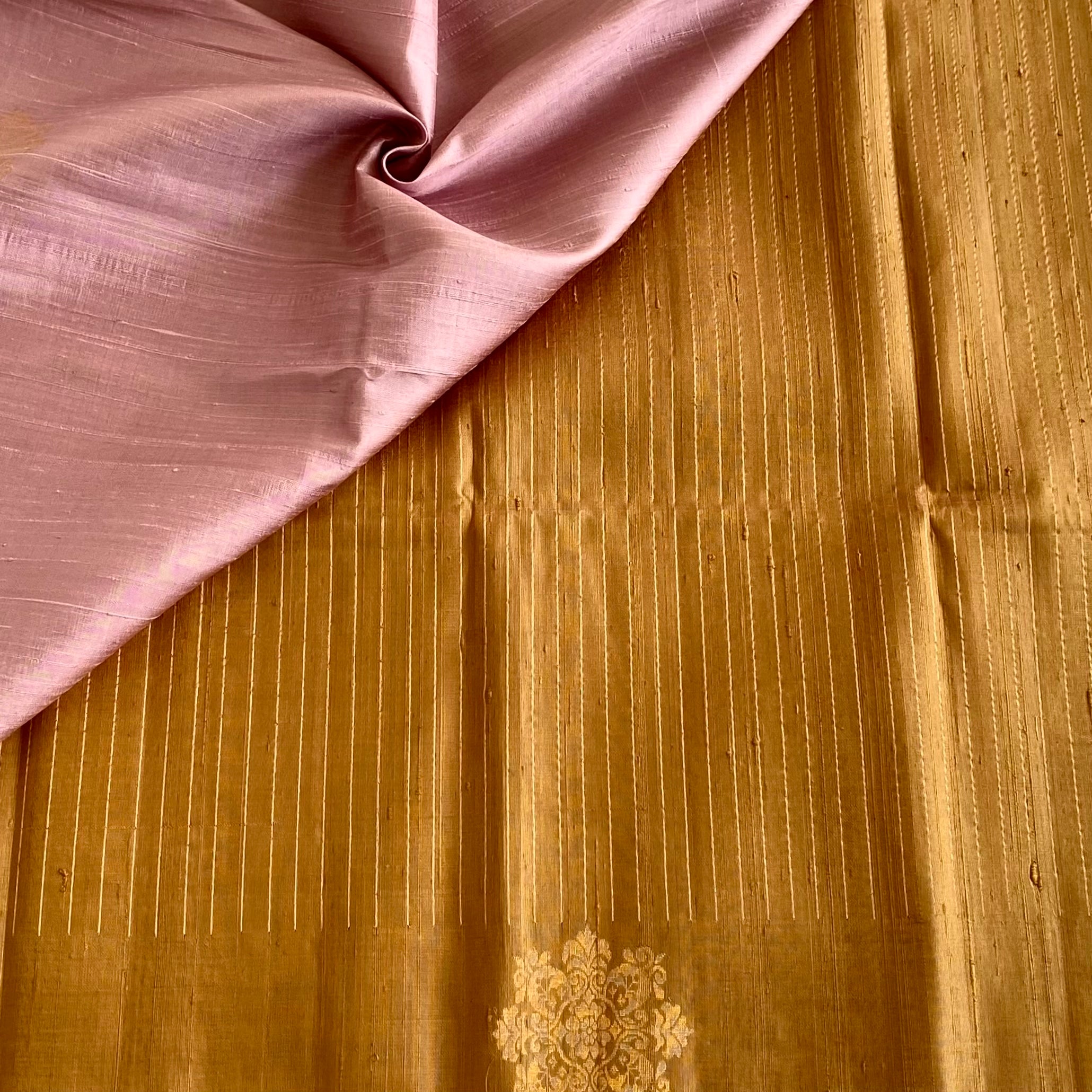 Classy Honey Gold Handwoven Pure Raw silk With Contrast Dusty Pink Blouse