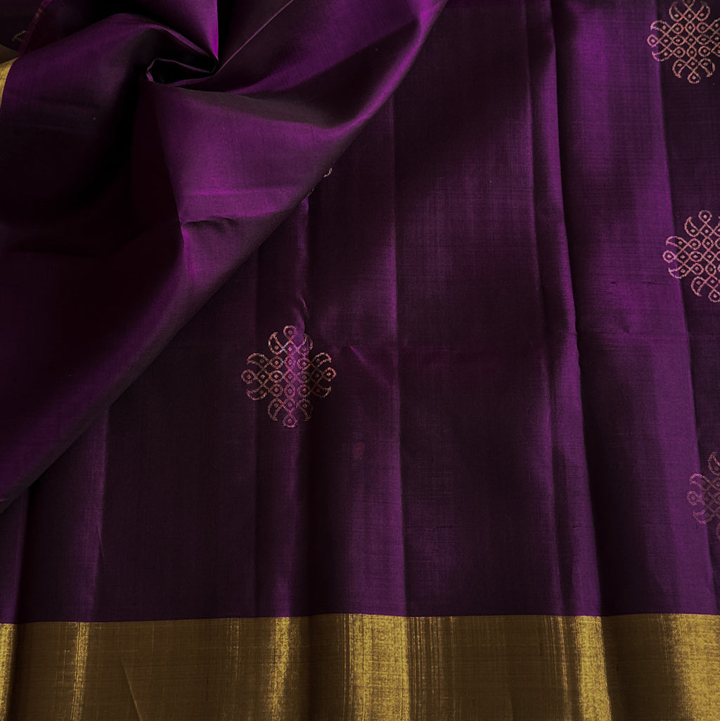 Purple Lustrous Saree With Gold Zari Lattice And Broad Border