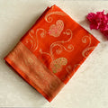 Burnt Orange Brocade Soft crepe silk Saree With Gold Border And Violet Edge