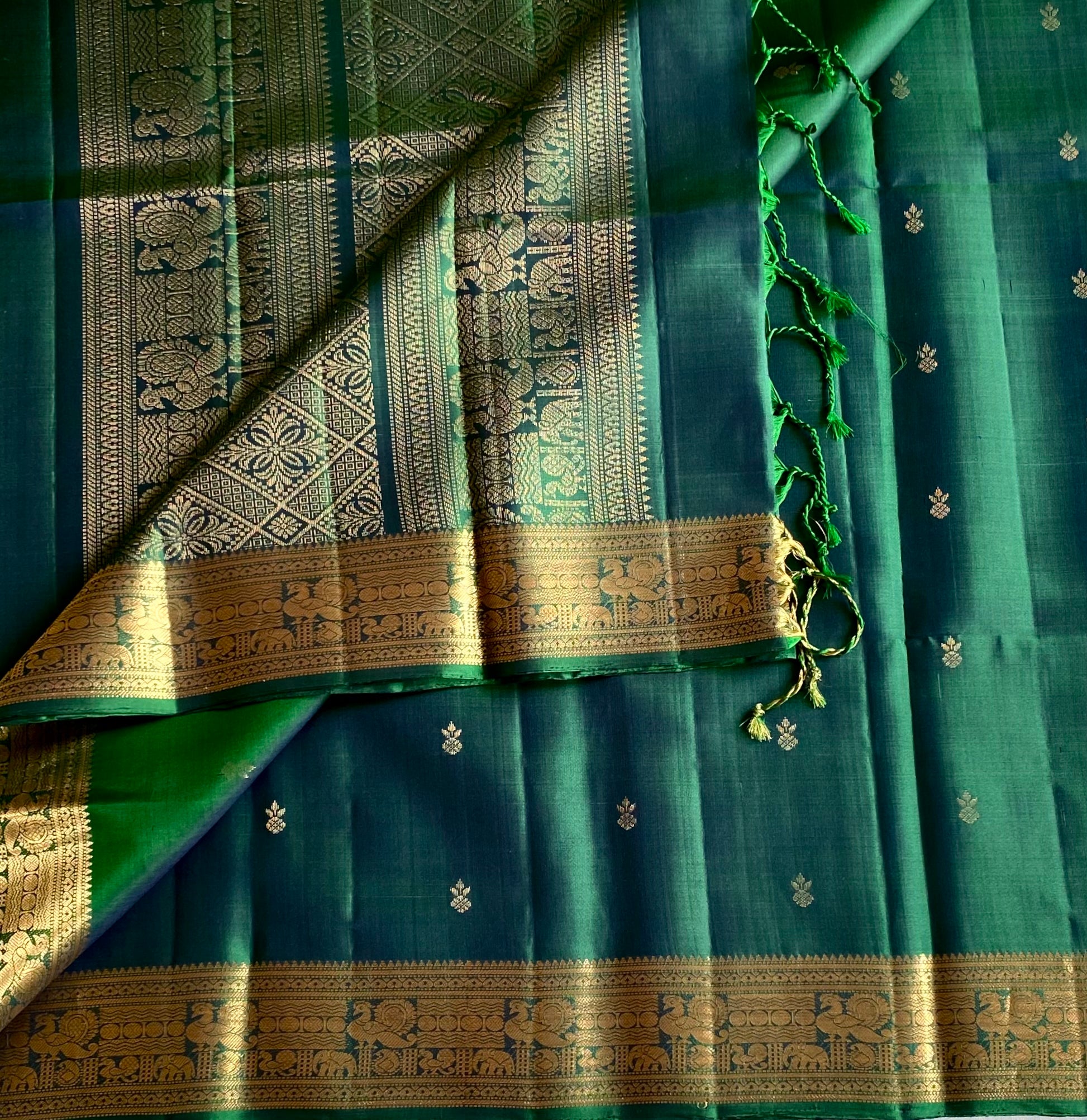 Teal Silk Saree Antique Gold Zari Elephant Border Tassels Traditional