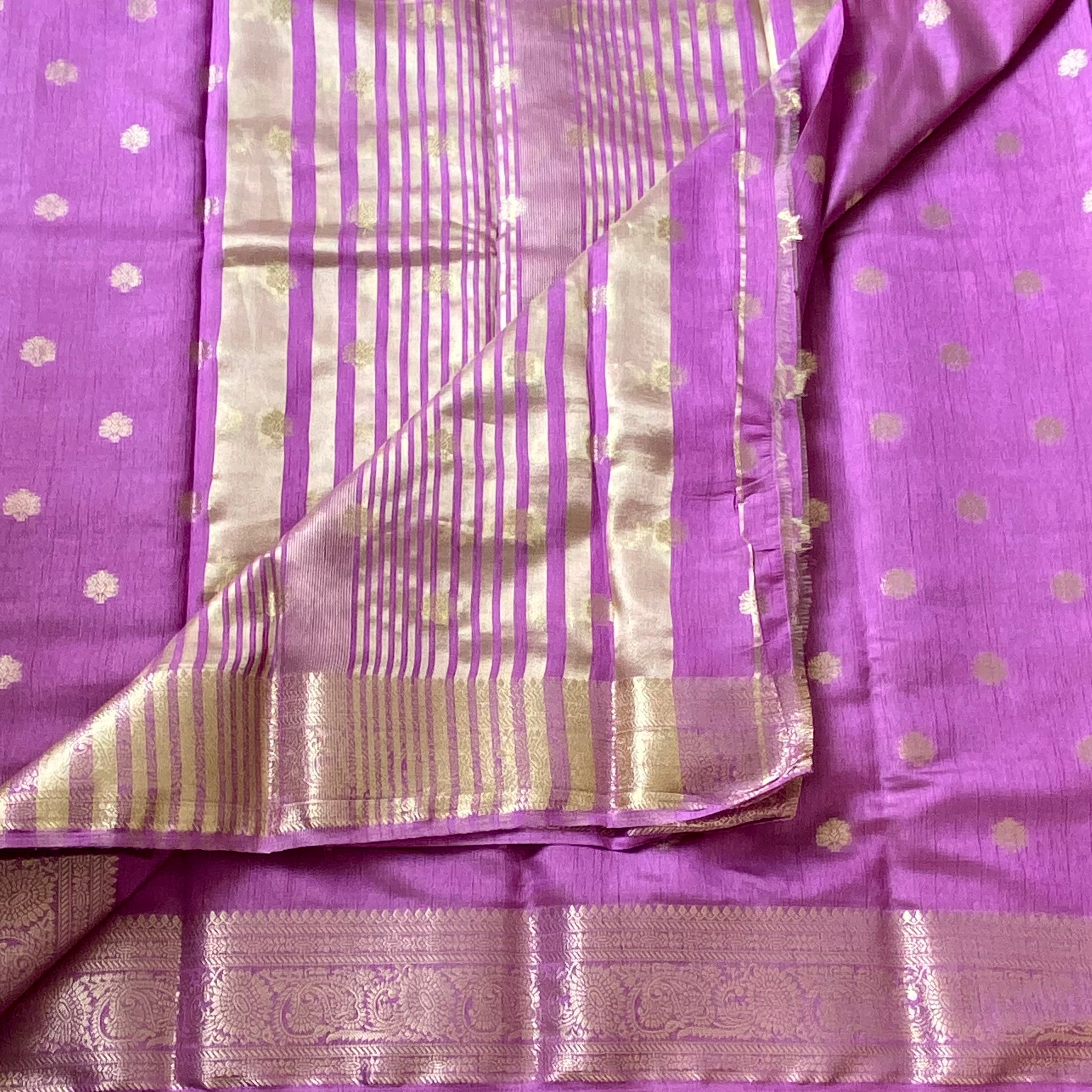 Magenta Gold Butti Saree With Striped Pallu And Zari Border