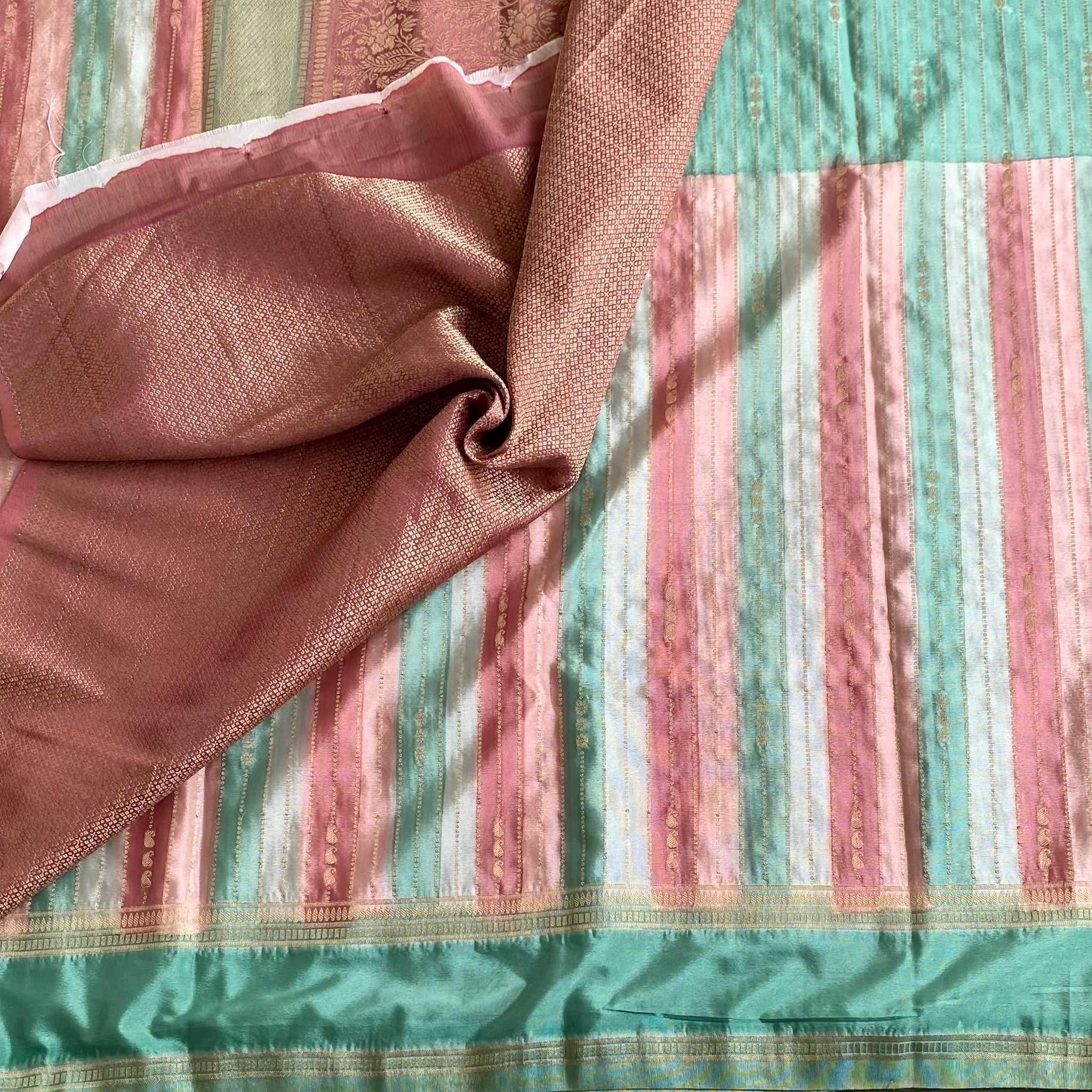Mint Green And Peach Striped Soft Tussar Silk Saree With Dusty Rose Pallu