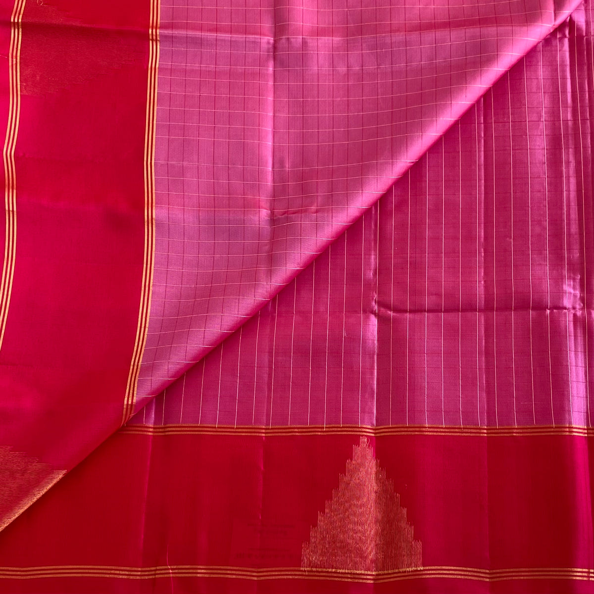 Metallic Rose Designer Pure Silk Saree With Magenta Pink Pallu Gold Stripes