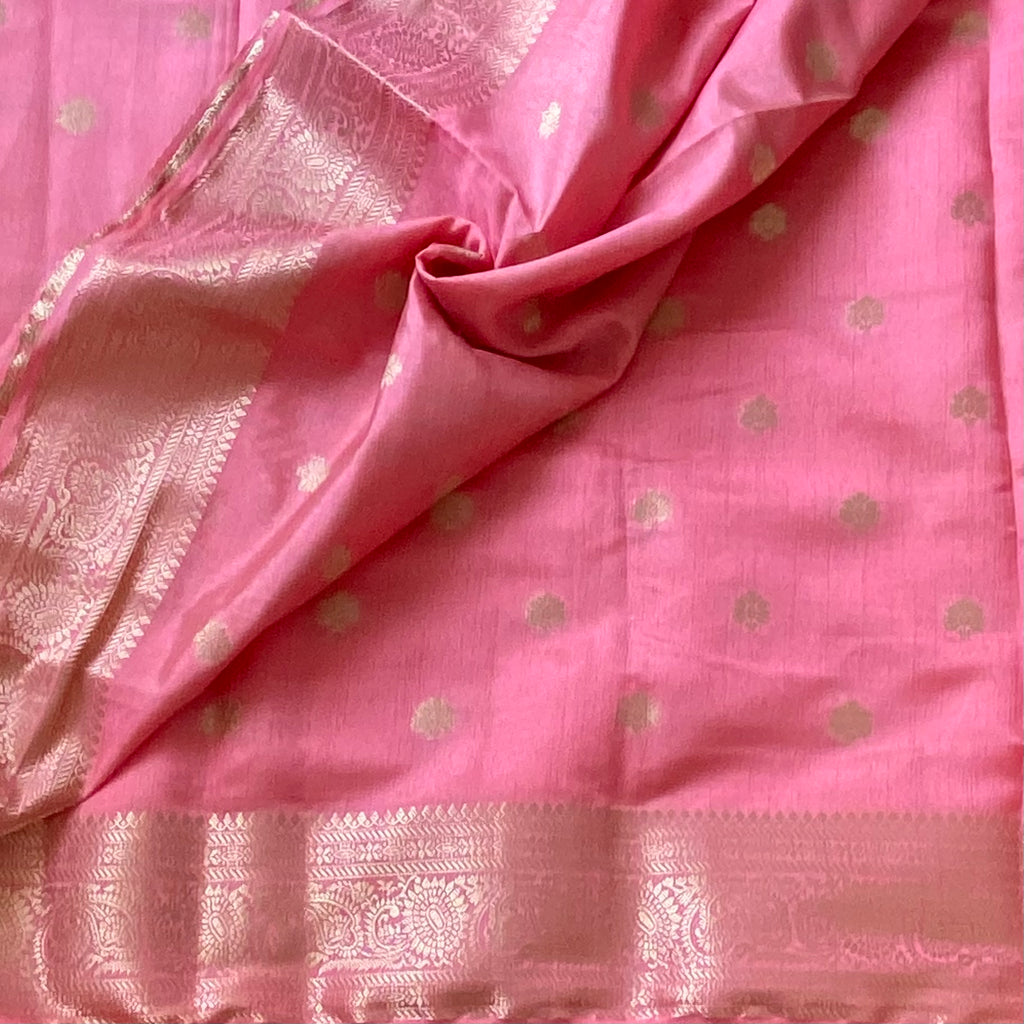 Rose Pink Banarasi Silk Saree With Gold Zari Border Traditional
