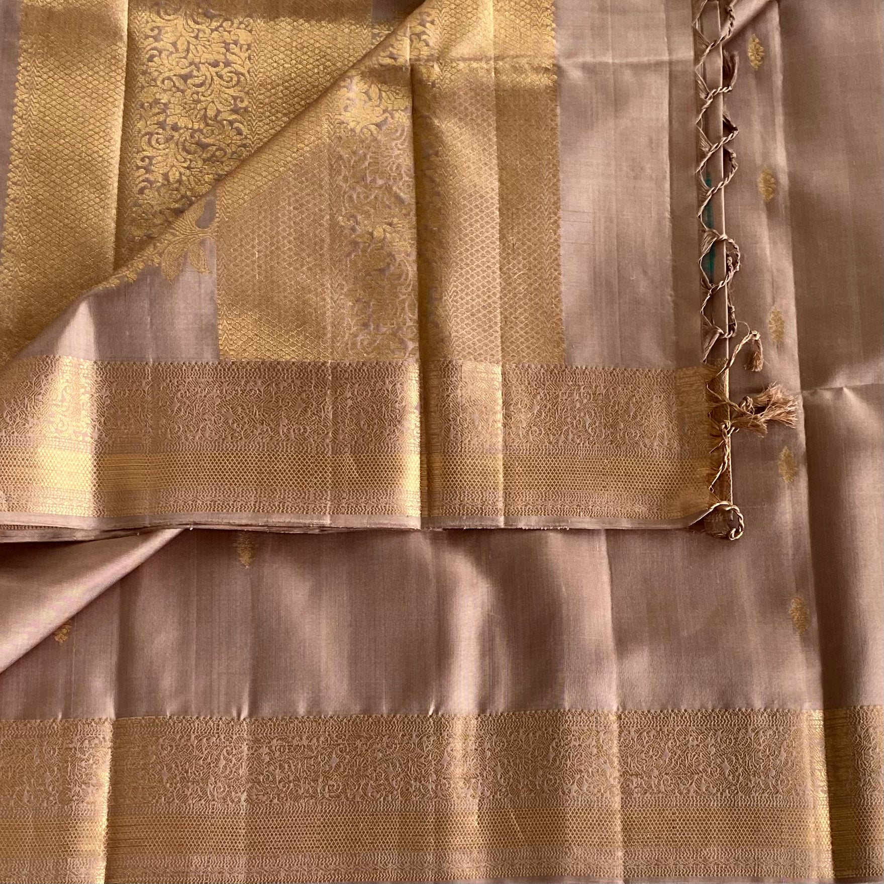 Dusty Rose Designer Pure Silk Saree With Antique Gold Brocade Panels