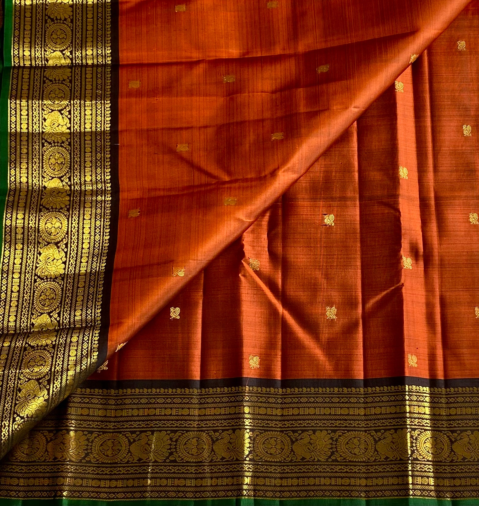 Burnt Orange Silk Saree Royal Purple Pallu Antique Gold Brocade