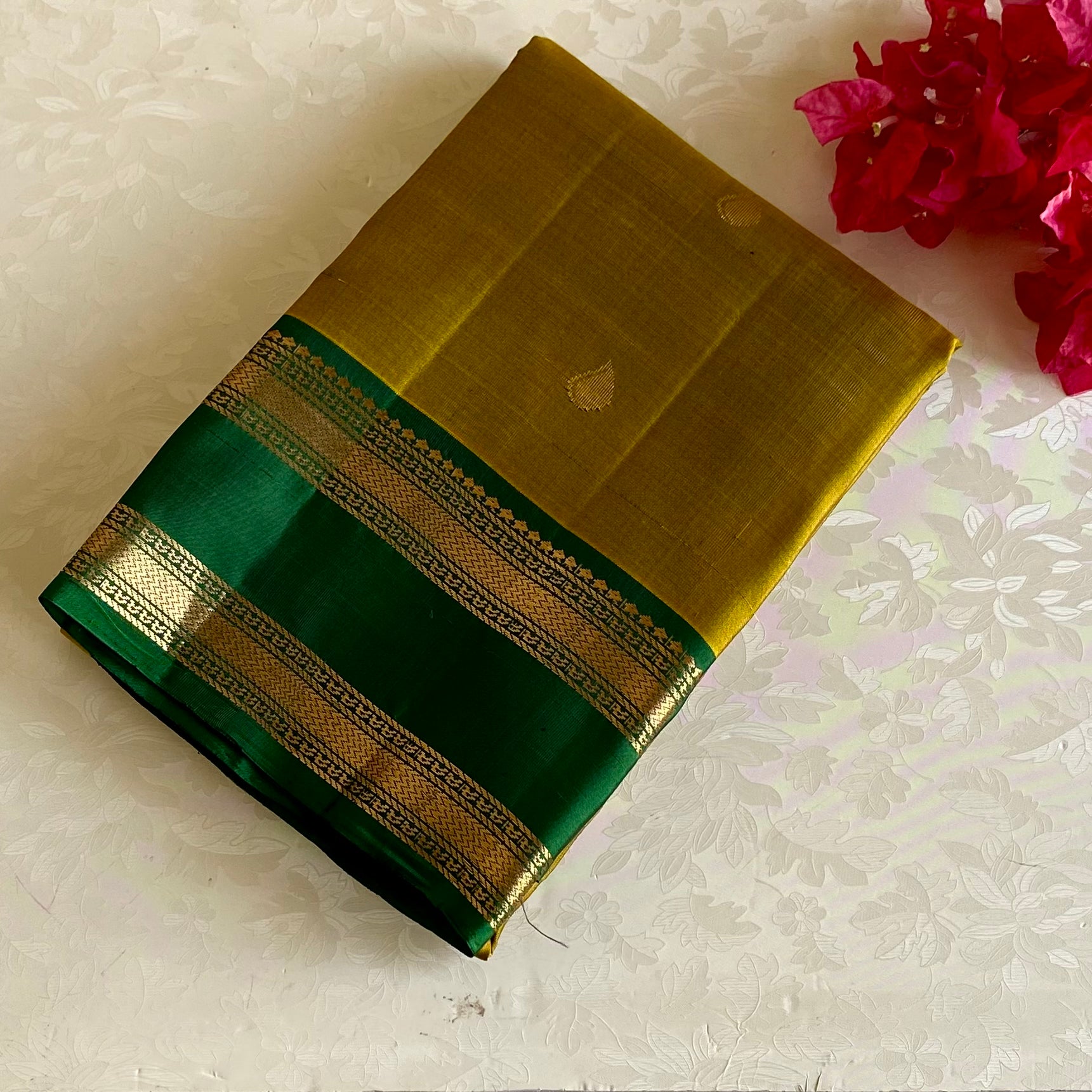Mustard Yellow Designer Pure Silk Saree With Bottle Green Pallu