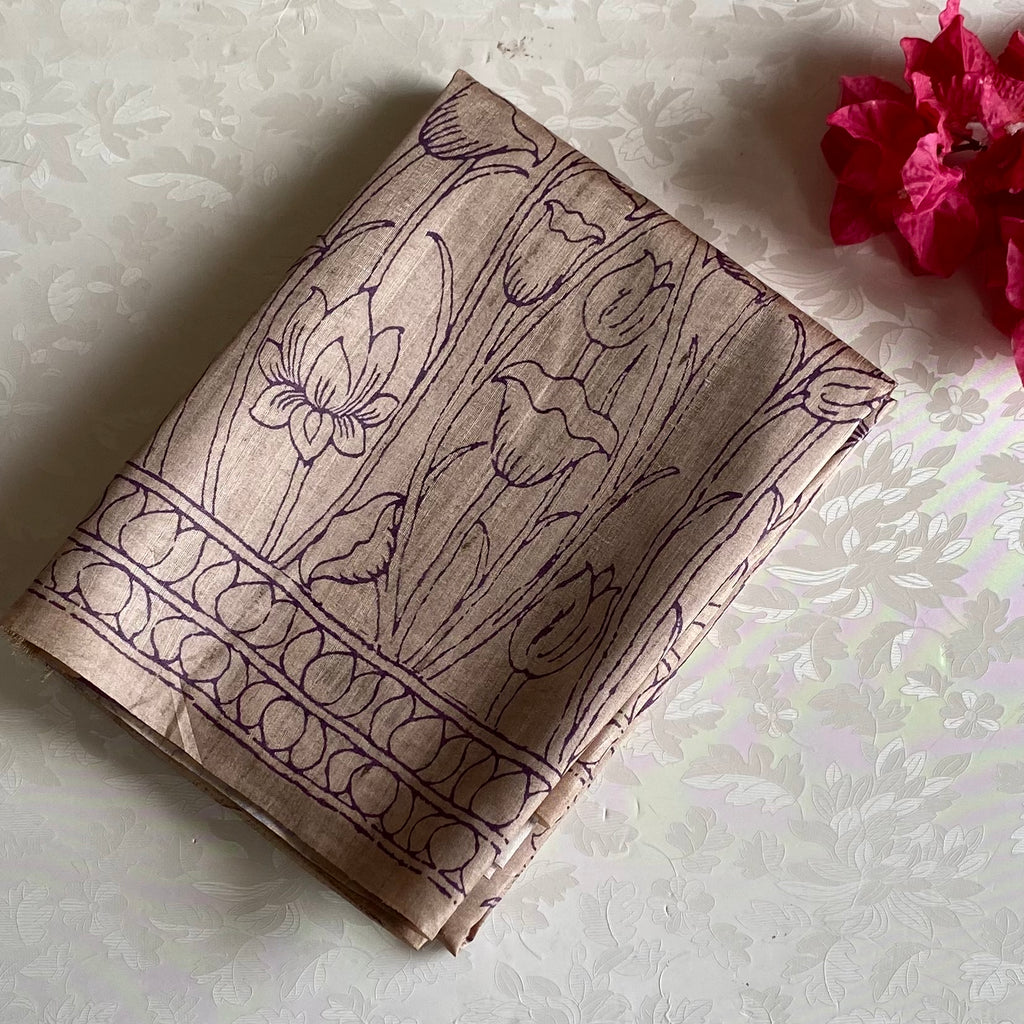 Antique Gold Soft Tussar Silk Saree With Plum Purple Pallu