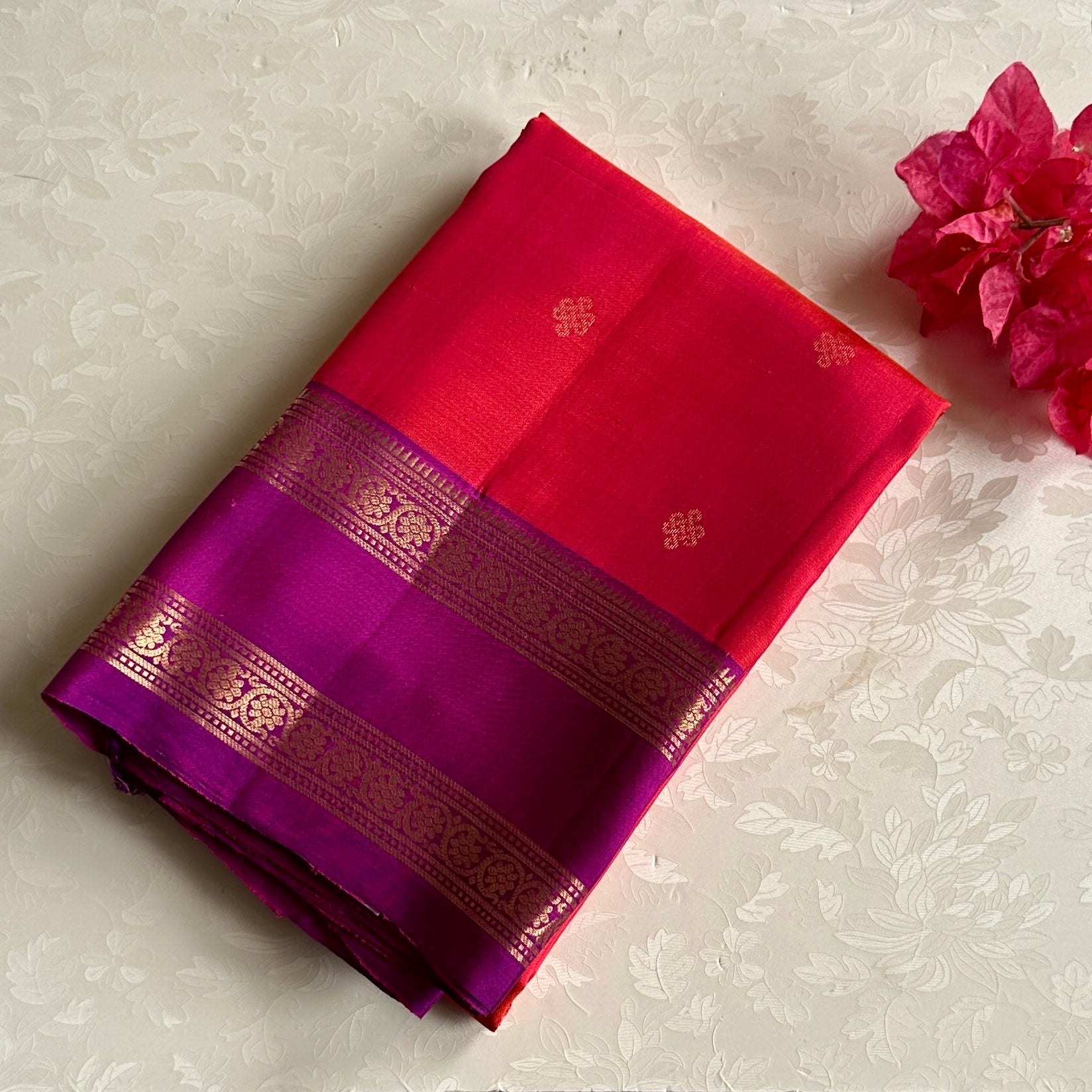 Magenta Silk Saree with Gold Brocade Crimson Red Contrast Pallu