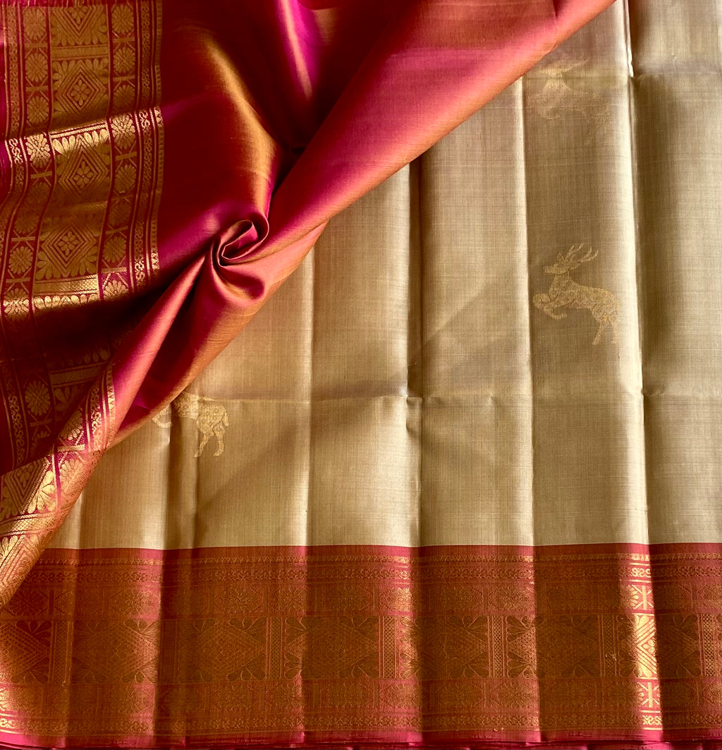 Traditional Ivory Silk Saree with Fuchsia Pallu Gold Brocade Border