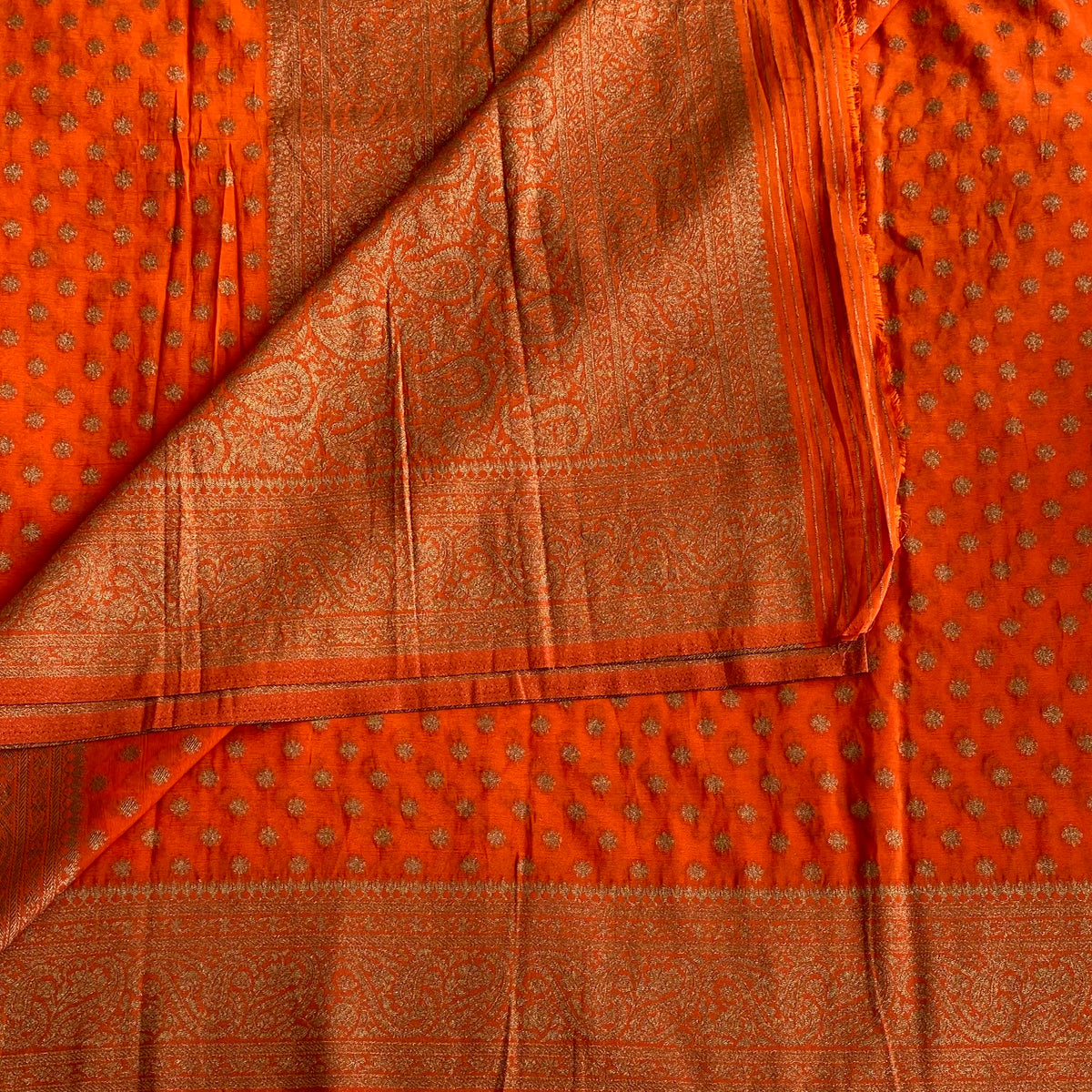 Burnt Orange Soft Tussar Silk Saree With Antique Gold Zari Pallu
