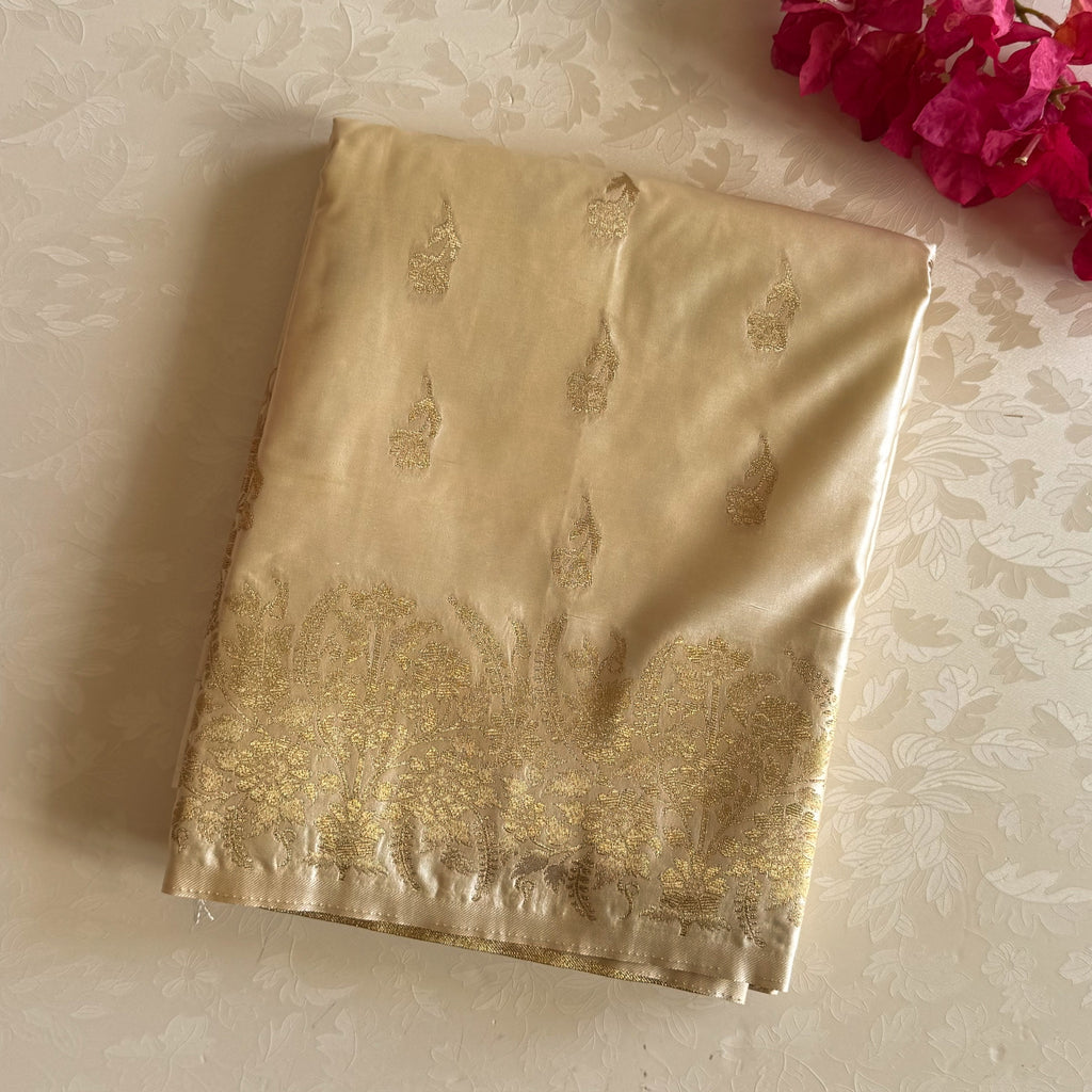 Champagne Gold Brocade Silk Saree With Tassel Pallu For Wedding