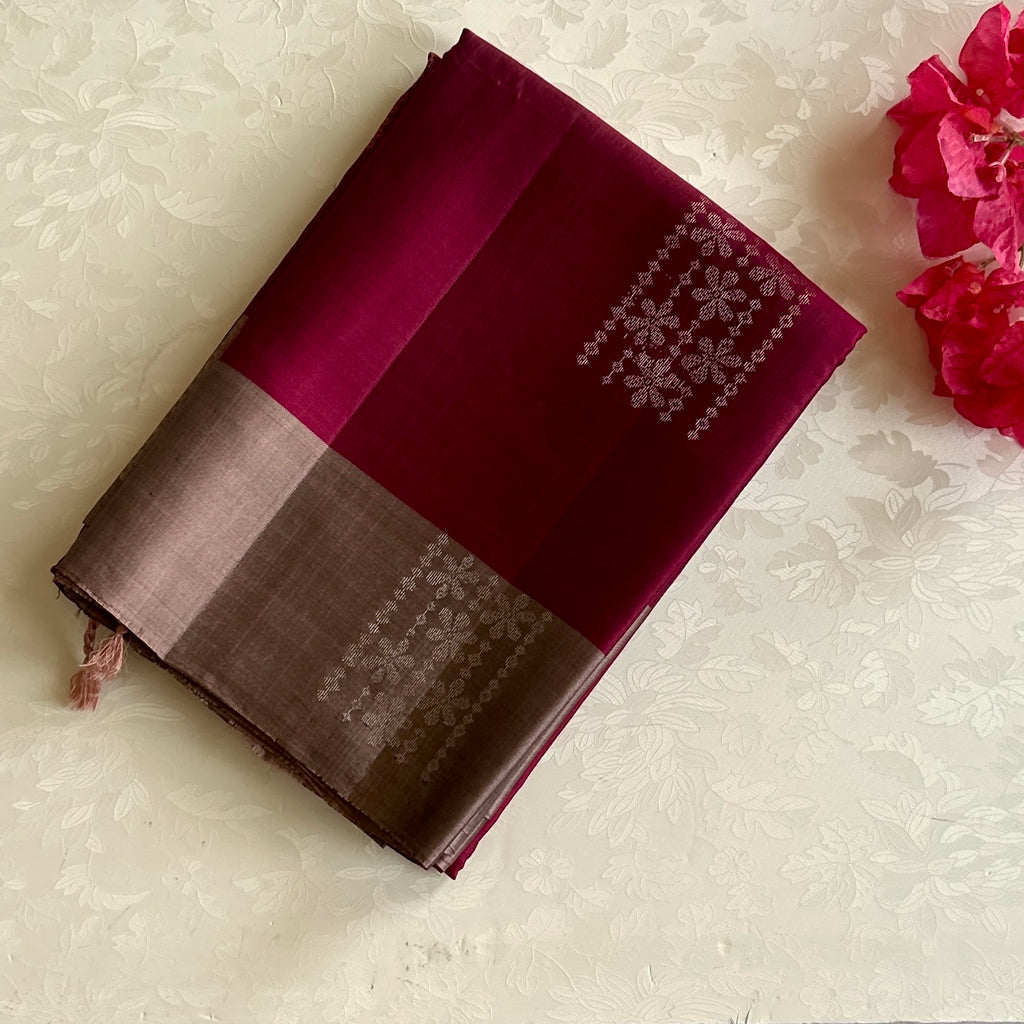 Deep Magenta Silk Saree Dusty Rose Pallu Floral Zari Border