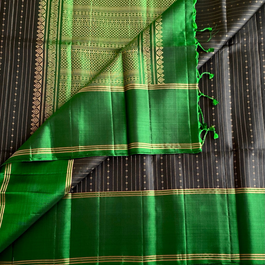 Jet Black Twilight Zari with Emerald Green Designer Pure Silk