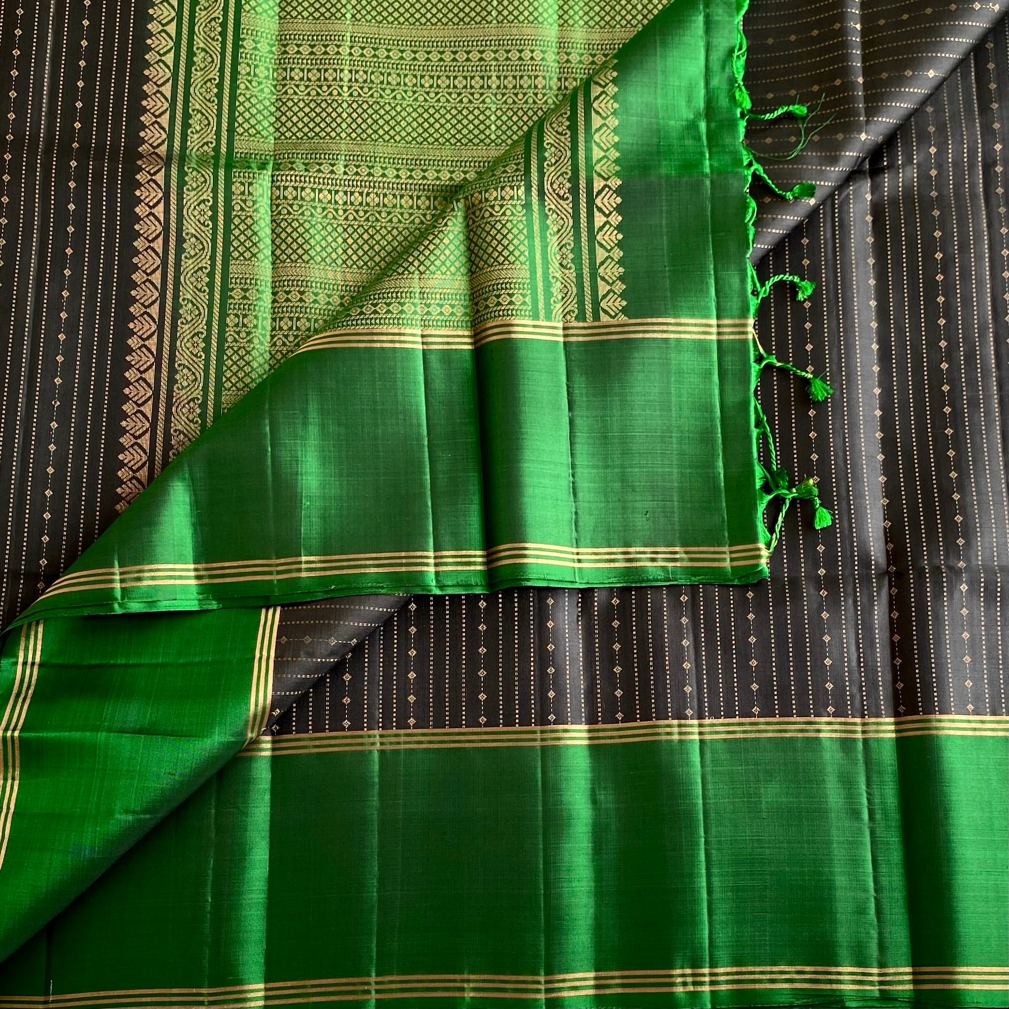Jet Black Twilight Zari with Emerald Green Designer Pure Silk