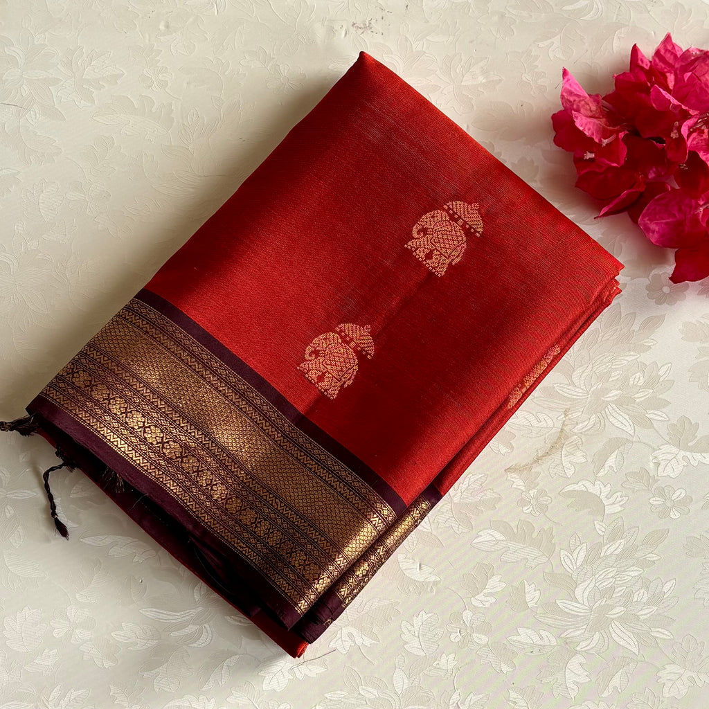 Burnt Orange Silk Saree Maroon Pallu Gold Elephant Buttas Zari