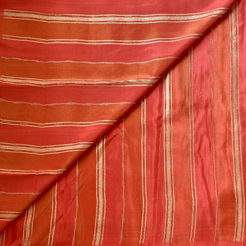 Coral Pink Striped Designer Soft blended silk with contrast red blouse