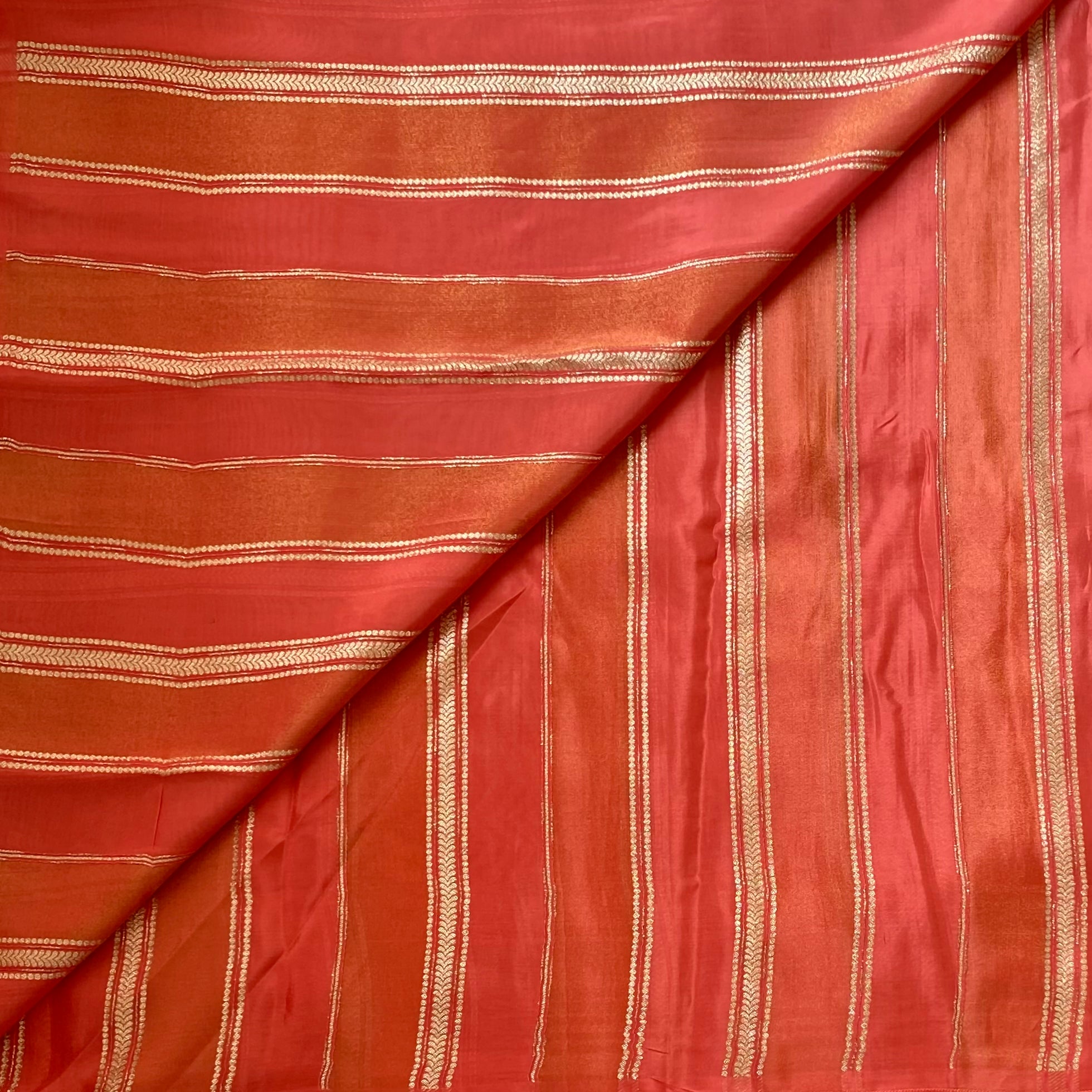 Coral Pink Striped Designer Soft blended silk with contrast red blouse