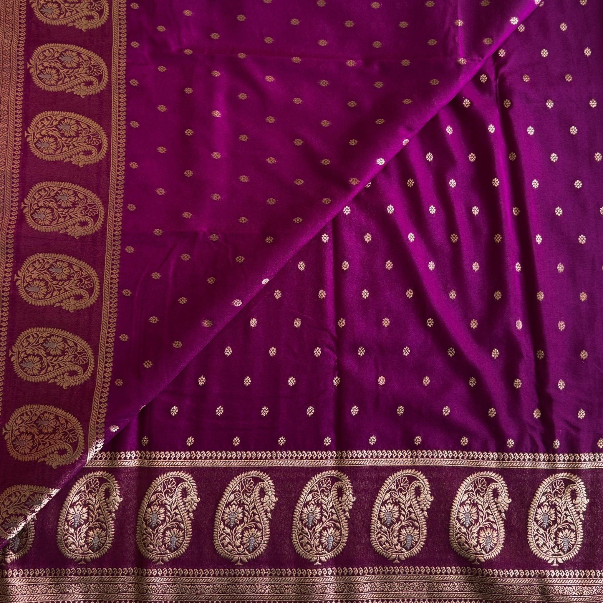 Magenta Gold Brocade Saree Paisley Border Tassel Pallu Traditional Wedding
