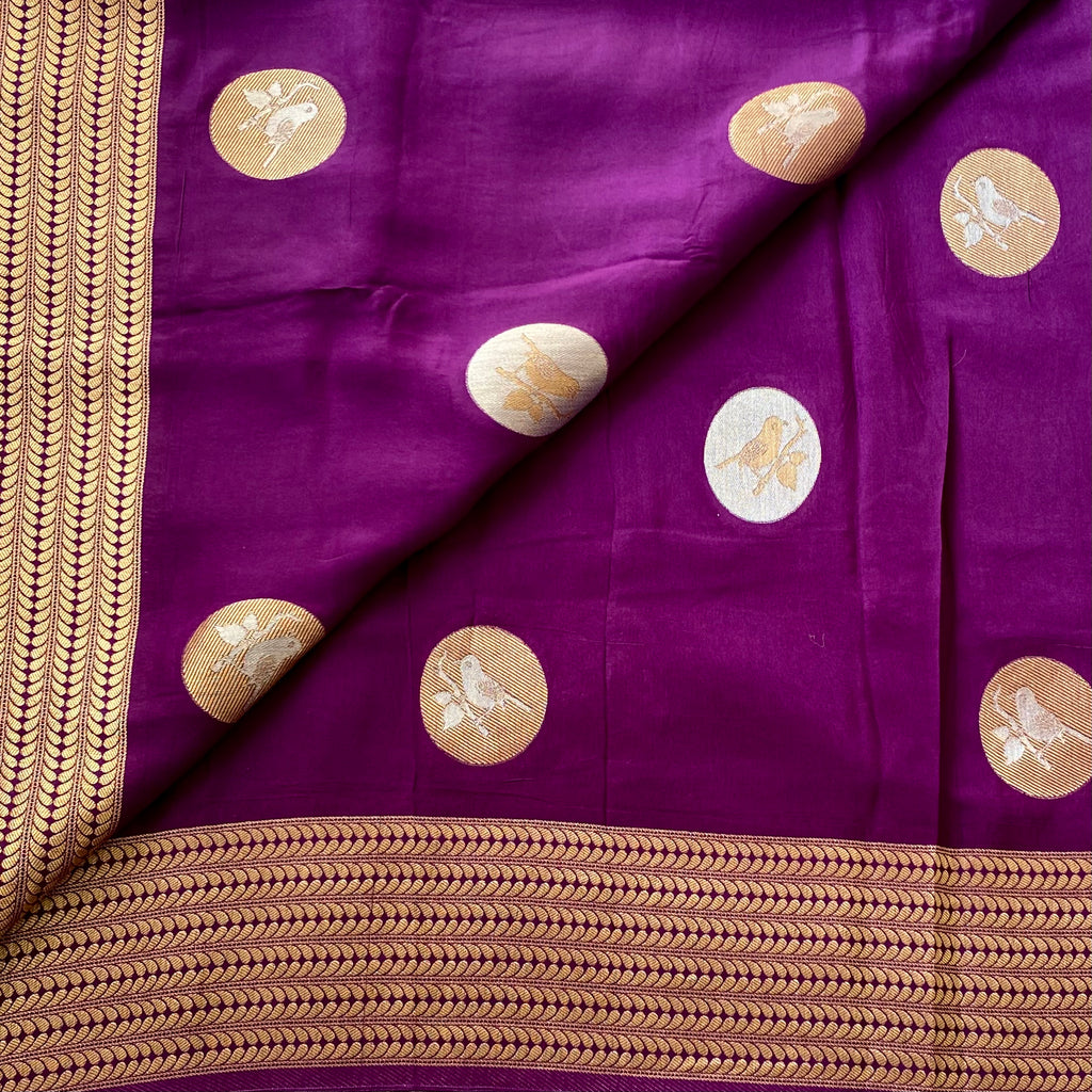 Royal Purple Silk Saree Antique Gold Bird Medallion Zari Border