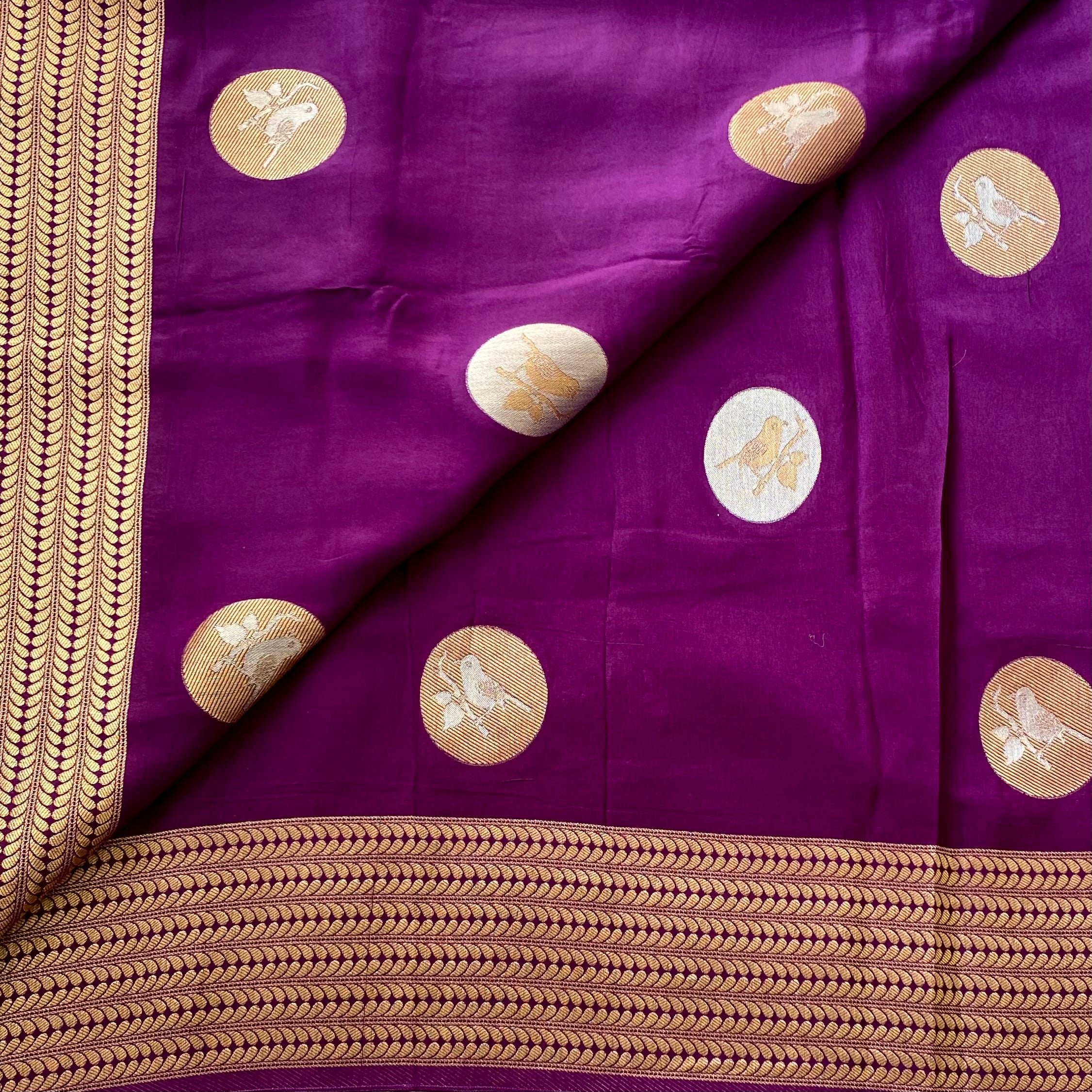 Royal Purple Silk Saree Antique Gold Bird Medallion Zari Border