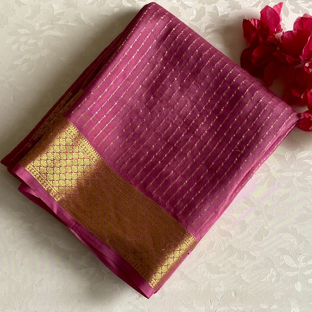 Onion Pink Mysore Crepe Silk Saree With Metallic Gold Border