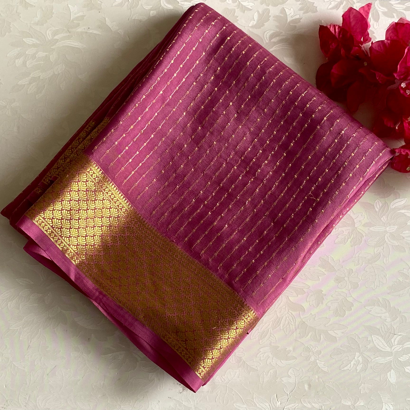 Onion Pink Mysore Crepe Silk Saree With Metallic Gold Border